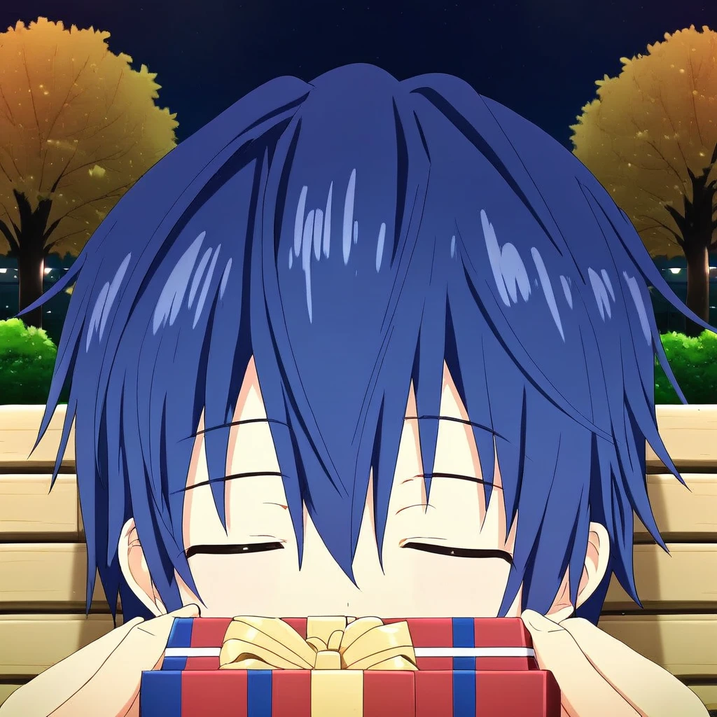 itsuka shido, 1boy, male focus, solo, blue hair, closed eyes, smile, close mouth, bench, night, park bench, gift, lamppost, tree, park, box, upper body, sky, outdoors,