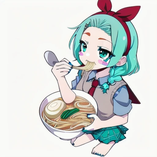 eating ramen, sweater vest, spoon, looking at food, red headwear, cross hair ornament, pillbox hat, frills, horseshoe ornament, blue hair, @_@, school uniform, aqua nails, grey shirt, puffy short sleeves, forehead, blue jacket, red bow, blush stickers, side braid, off shoulder, barefoot, hairband, looking up, animal on head, white jacket, collarbone, hairpin, jacket, gold ship (umamusume), plaid, grey hair, aqua necktie, sitting, aqua hair