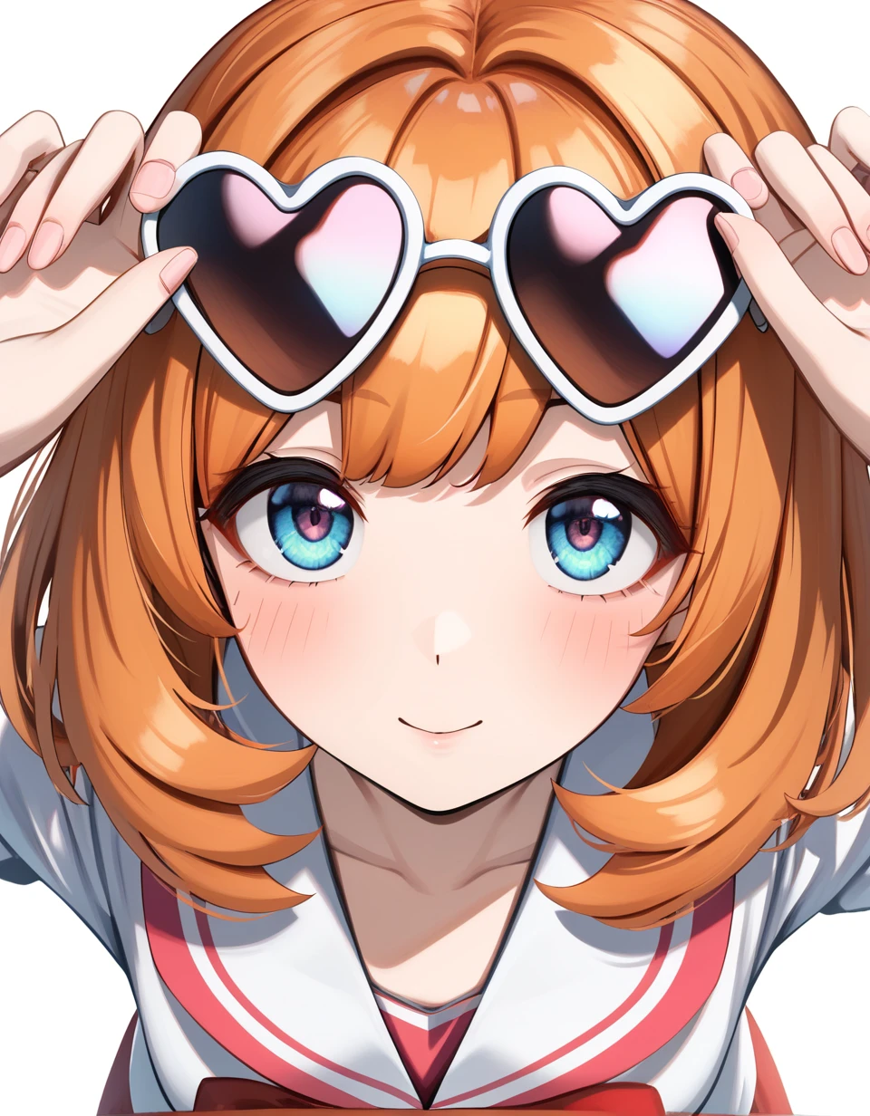 1 girl , (( solo )) , upper body, leaning forward, looking at viewer , look up, <hatosangu_sdxl_0001:0.7>, hatosangu, heart sunglasses, sunglasses on head, arms up , place hand along sunglasses, orange hair, medium hair, ultra-detailed, 4k, white background , good hand , perfect hands,