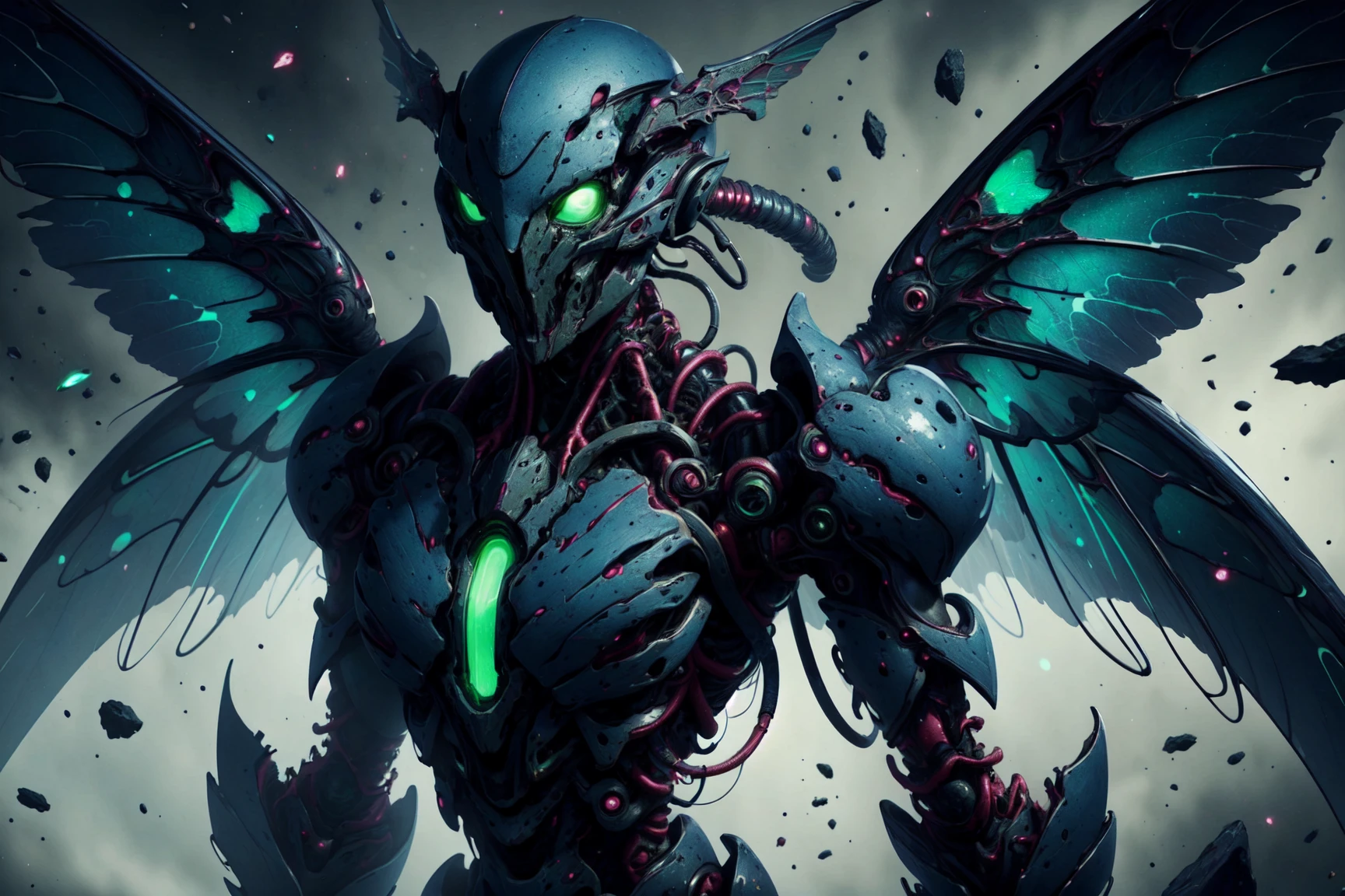 masterpiece, best quality, expressive eyes, absuredres,  <lora:NeoFalmerWorld1.0:1> neofalmerworld, scifi, dark blue exoskeleton, green glow, 1girl,  wings , looking at viewer, smiling, armoured dress,