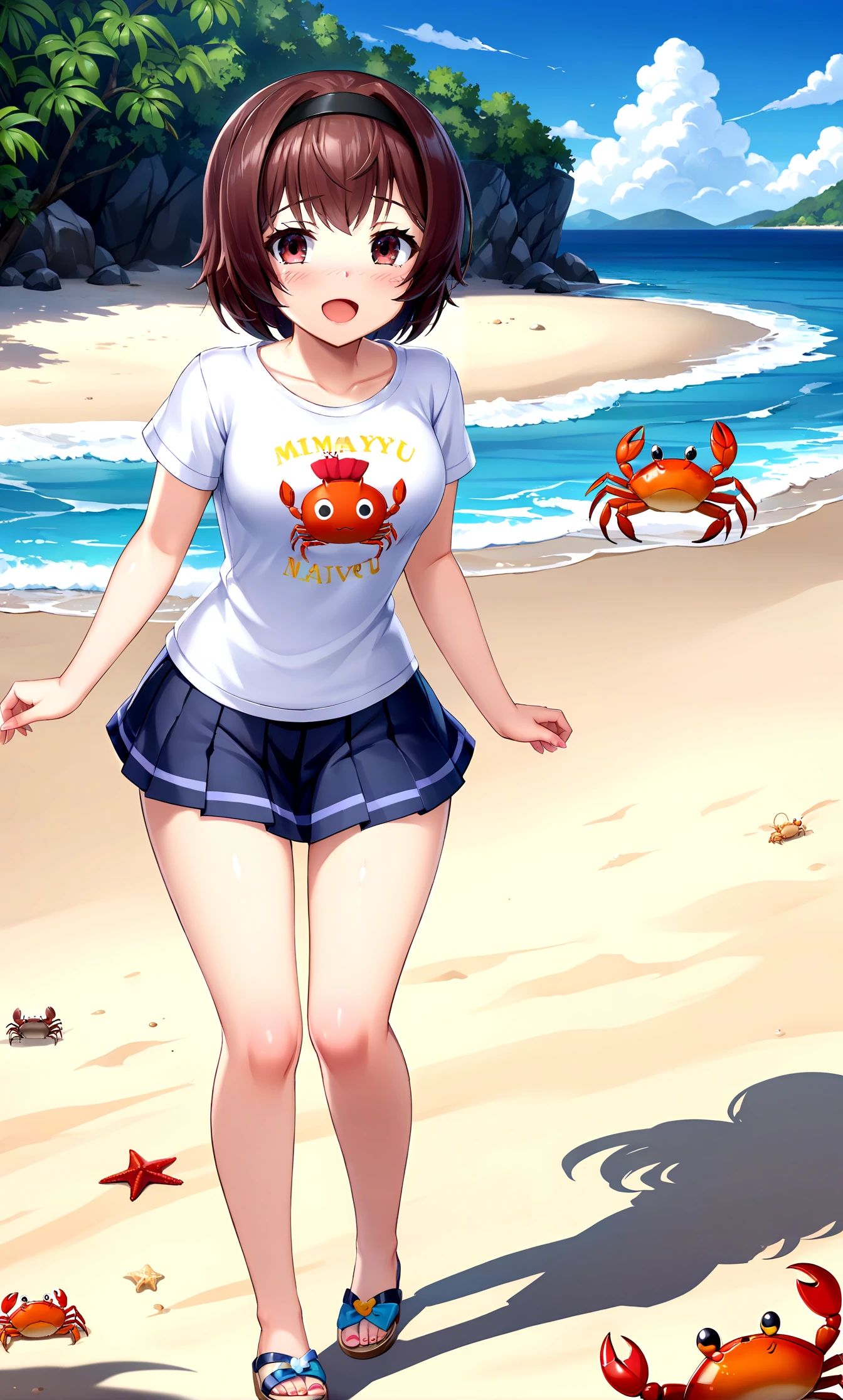 masterpiece, best quality, 1 girl, <lora:vikalaGranblueFantasy_20:1>, invikala_swim, bare sholder, black shirt, black hair, black shorts, hat bow, navel, red eyes, sandals, short hair, short shorts, sun hat,