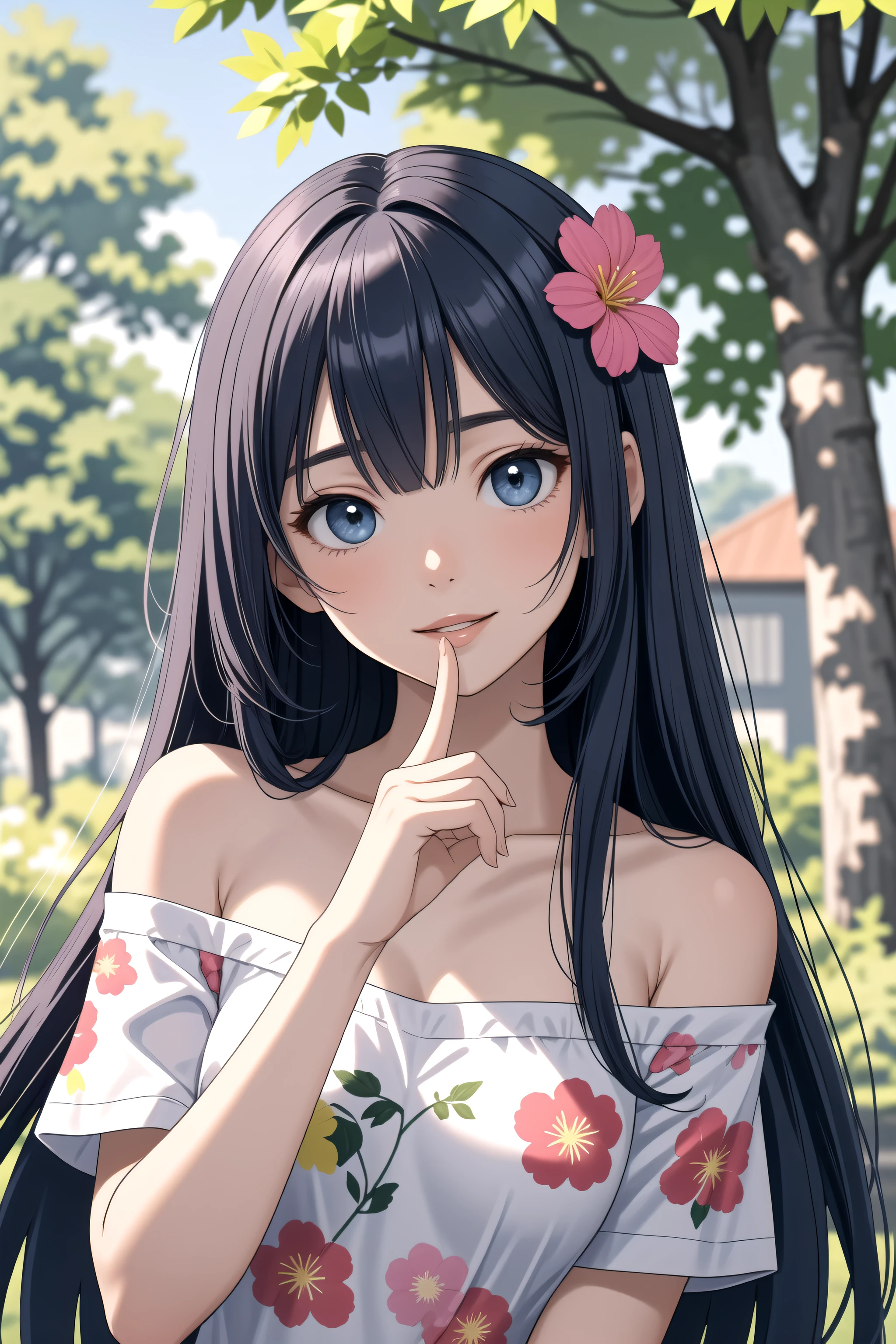 (masterpiece, best quality, highres), 1girl, solo, dark blue hair, very long hair, straight hair, blunt ends, asymmetrical bangs, blue eyes, medium breasts, toned, upper body, looking at viewer, summer, tree, tree shade, flower, dappled sunlight, tented shirt, short sleeves, plunging neckline, off shoulder, head tilt, parted lips, smile, floral print, finger to mouth