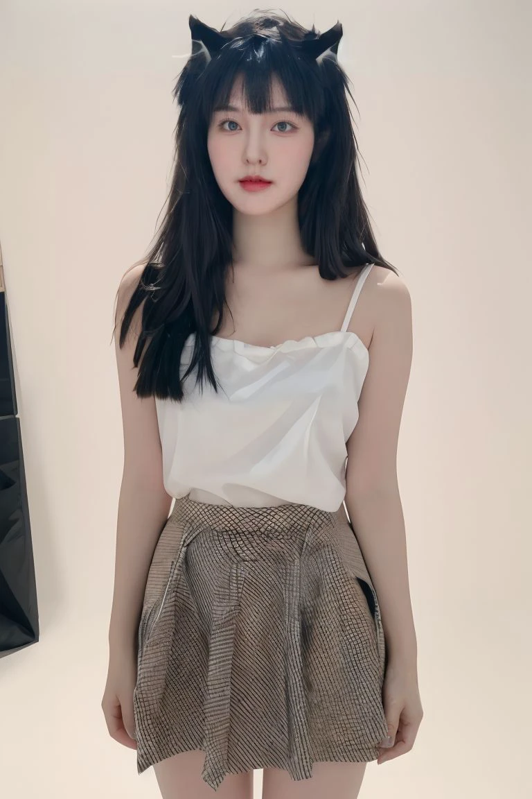 1girl, solo, small breasts, looking at viewer, realistic, photorealistic, bangs, black eyes, black hair, lips, long hair, closed mouth, animal ears, cat ears, hyper detailed, super sharp, crisp, smooth, smooth gradients, depth of field, (in studio: 1.1), (white background: 1.1), <lora:shanghai_kexin:1> , <lora:breastsizeslideroffset:-0.35>, <lora:skin_slider_v2_1_FACE:0.5>, <lora:add_detail_v5:1>, blue shirt, plaid skirt