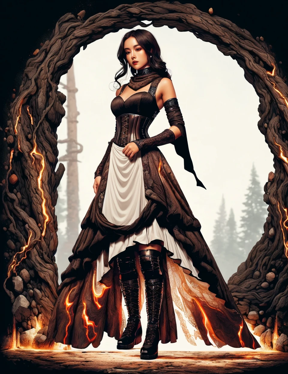 DonM34r7h3l3, loose full body clothing, cowl neck, biofiber cloth, zoned, white gold, batwing sleeves, mini length, drop waist, ball gown skirt, lace-up back,,knee pads,,two-piece set, corset closure,,choker,,train, <lora:DonM34r7h3l3:1>
