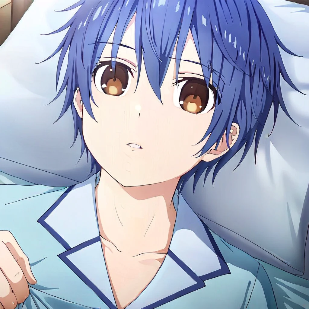 itsuka shido, 1boy, male focus, solo, blue hair, brown eyes, pillow, lying, collarbone, close mouth, on back, pajamas, bed, under covers, parted lips, indoors, looking at viewer