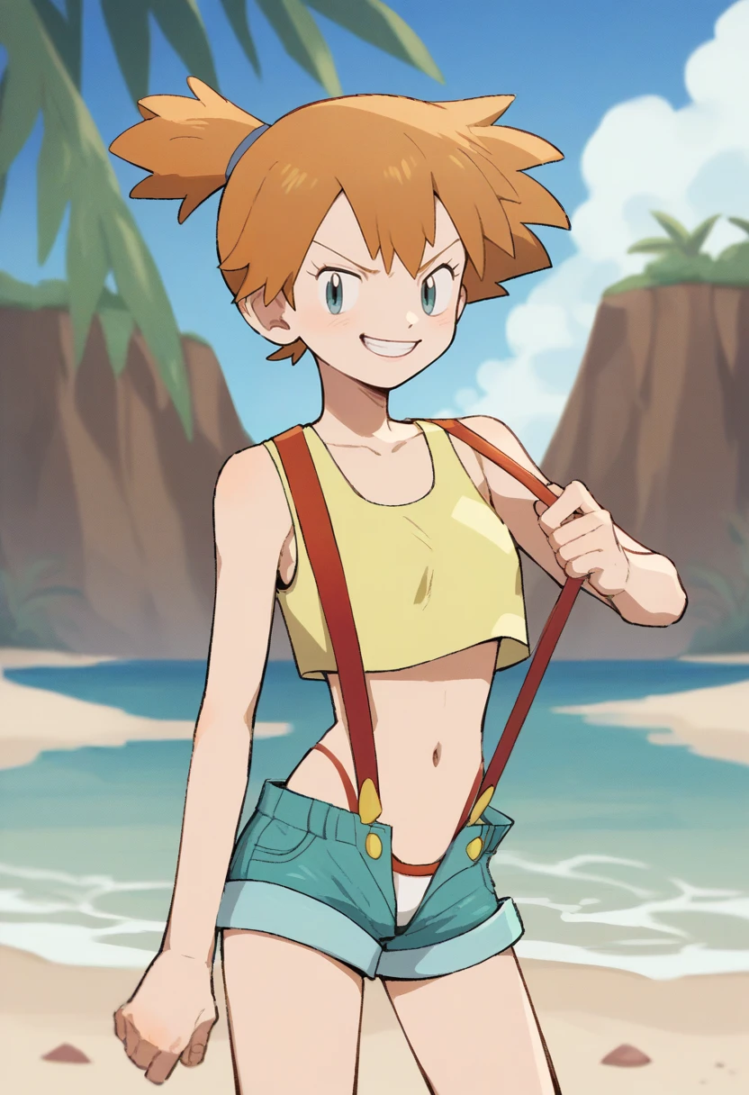 score_9, score_8_up, score_7_up, score_6_up, score_5_up, score_4_up, BREAK,
misty \(pokemon\), orange hair, wearing a yellow crop top and a short shorts, thong, suspenders, challenging the viewer, smirk, BREAK, sand, sea, blue sky, tropical island background      <lora:MMMinamiPXLLocon:1>