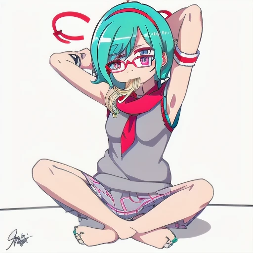eating ramen, sleeveless shirt, upper teeth only, arm up, aqua necktie, glasses, black hairband, signature, spoon, beanie, red scarf, solo, grey hair, short eyebrows, tattoo, red-framed eyewear, sweater vest, higuchi madoka, food in mouth, red skirt, shark girl, sailor shirt, aqua nails, white neckerchief, serafuku, barefoot, red halo, blue bow, purple eyes, armband, purple hairband, pleated skirt, hair tubes, collar, heart hair ornament