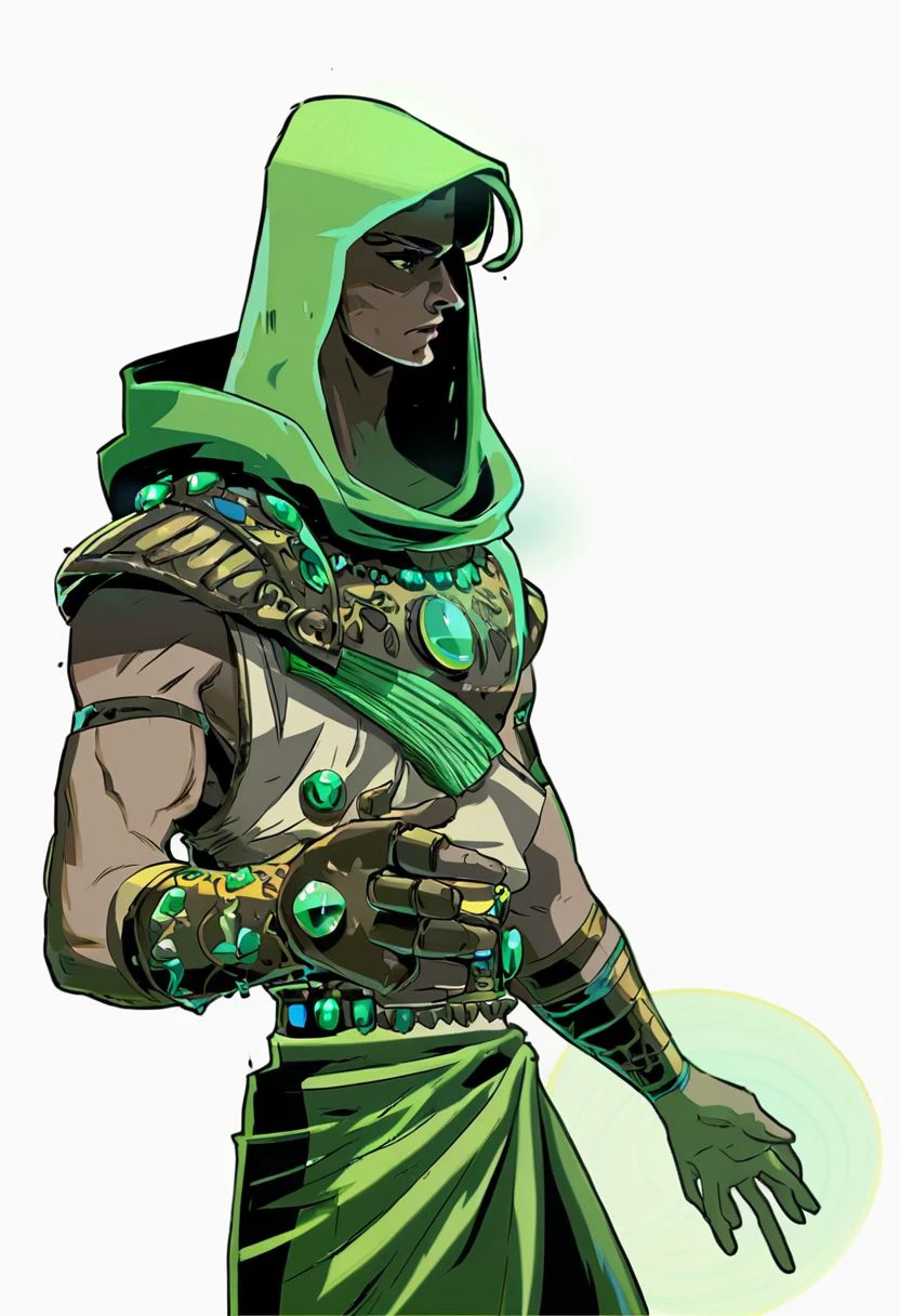 Wizardry, H2Style, Stylized, high contrast, vibrant colors, white background,bronze bracers, Posing,  archer, black, arm guards, shoulder pauldrons, green gemstones, intricate bracers,  hooded, Looking away