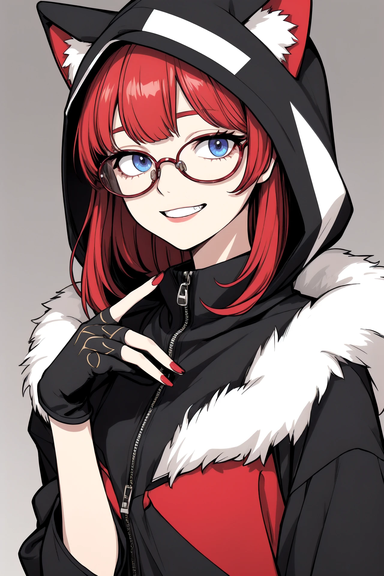 (masterpiece),(best quality),(extremely intricate),(sharp focus),(glowy luminescence),(extremely detailed),
[[[tsunako]]], 1girl, aurora {{league of legends}}, solo, looking at viewer, smile, bangs, gloves, animal ears, jewelry, upper body, red hair, glasses, teeth, hand up, hood, fingerless gloves, medium hair, grey background, nail polish, grin, gradient, fur trim, gradient background, red nails, index finger raised, hood up, round eyewear,
,style by ilya kuvshinov
<lora:hyperdetailer_v095:0.3>