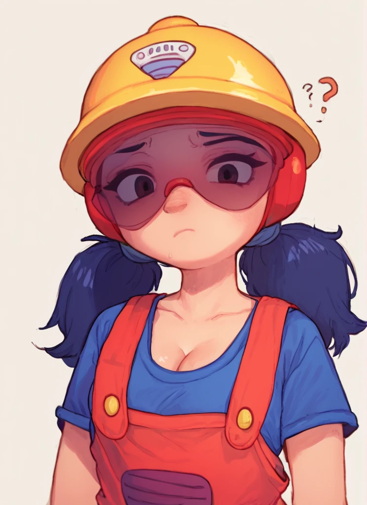 score_9, score_8_up, score_7_up,   <lora:bsjacky:0.9> bsjacky , 1girl, solo, medium breasts,   cleavage, twintails, blue hair, orange overalls  , low twintails, sunglasses, helmet , red overalls, blue shirt  ,  confused,  <lora:PossumMachine:1> , posmach closed mouth,  looking at viewer,