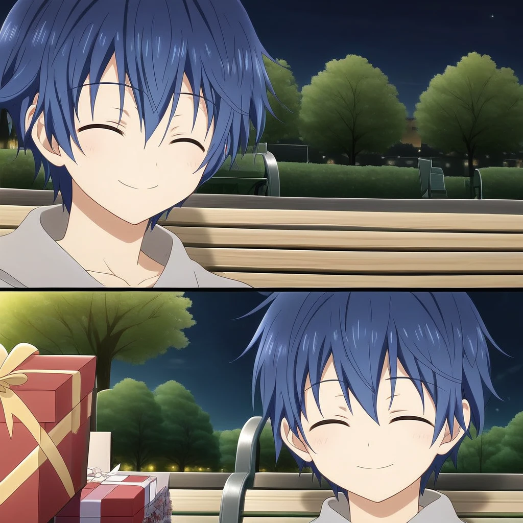 itsuka shido, 1boy, male focus, solo, blue hair, closed eyes, smile, close mouth, bench, night, park bench, gift, lamppost, tree, park, box, upper body, sky, outdoors,