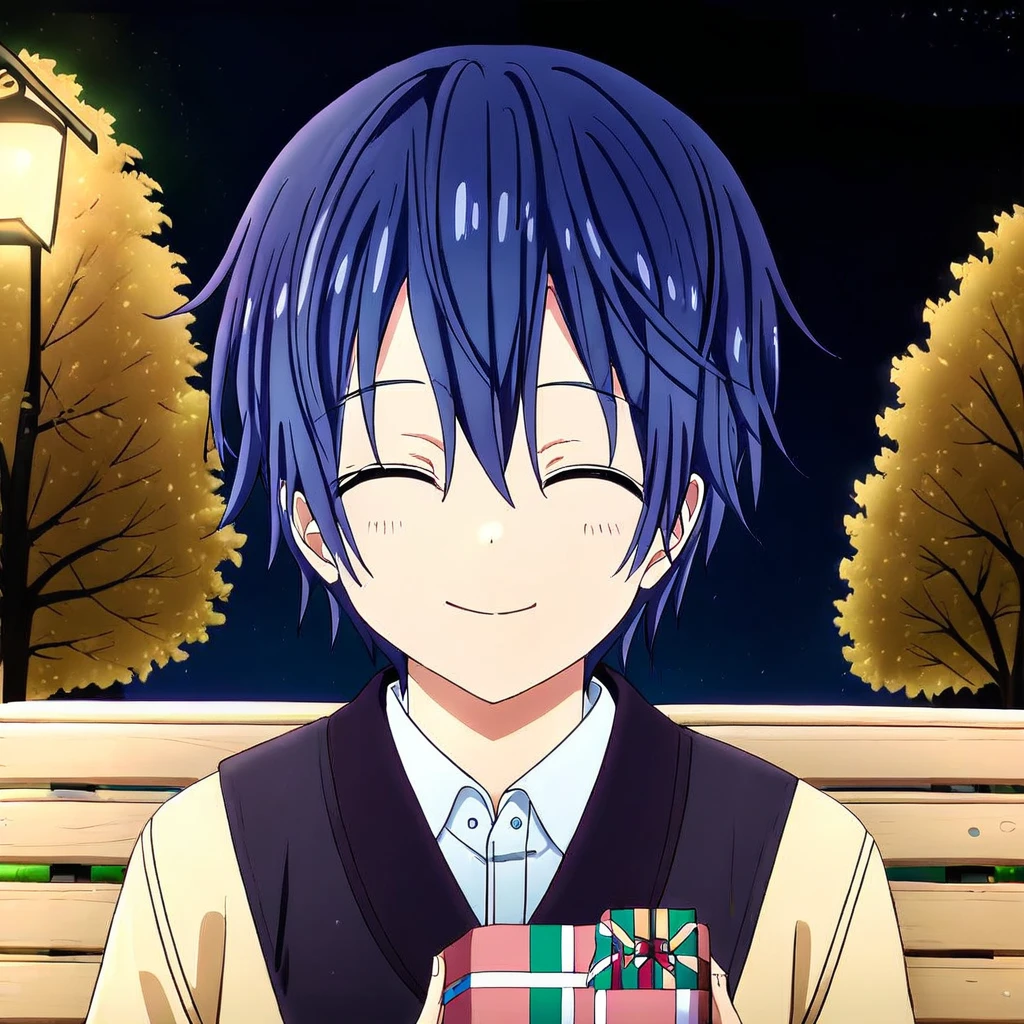 itsuka shido, 1boy, male focus, solo, blue hair, closed eyes, smile, close mouth, bench, night, park bench, gift, lamppost, tree, park, box, upper body, sky, outdoors,