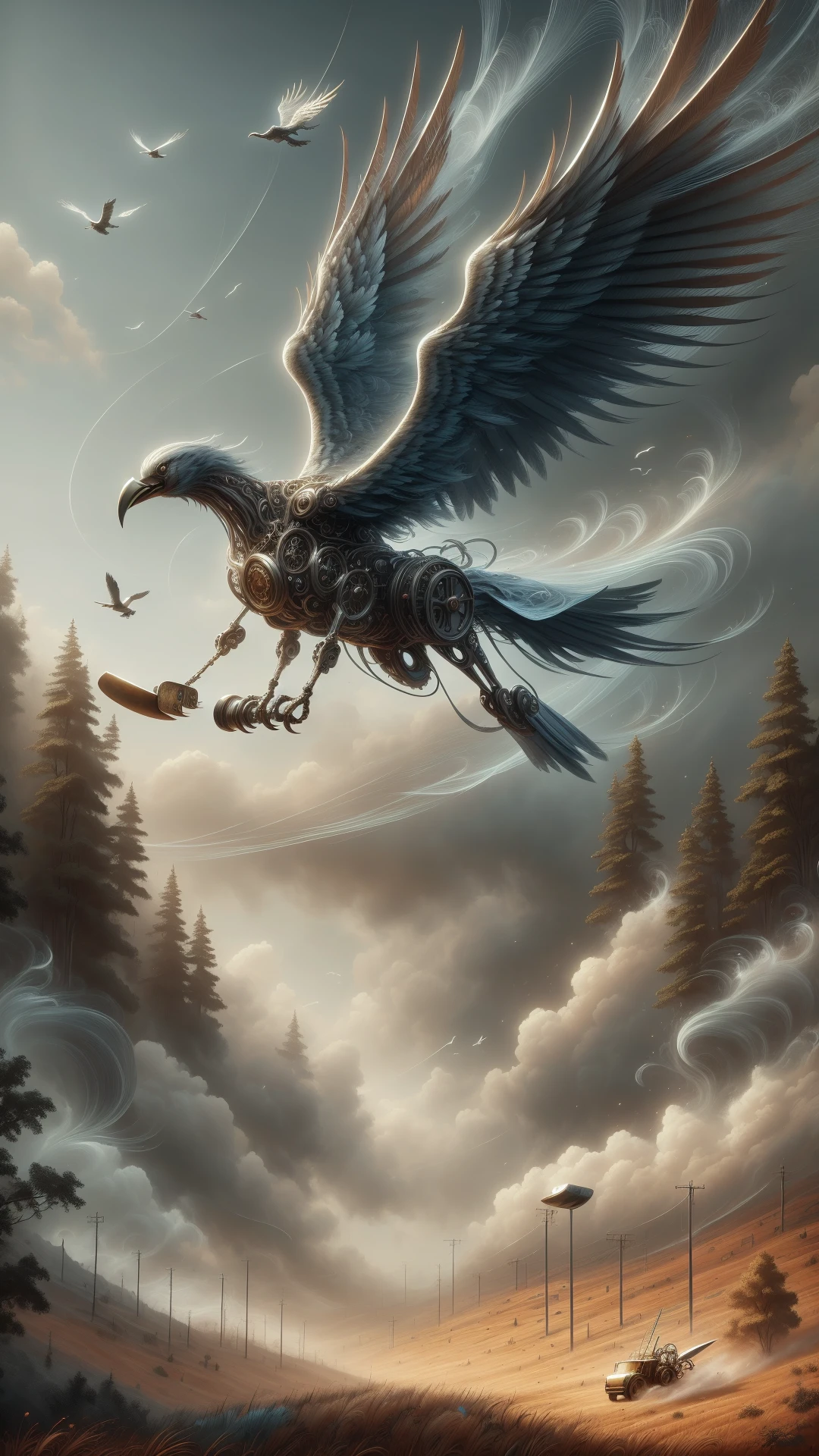 <lora:ElementWind:1.0> ElementWind polished silver teaspoon,Realistic oil painting of an ancient mechanical bird in flight, detailed feathers, brass and copper materials, steampunk aesthetic, intricate gears and machinery, vibrant rust and verdigris, soft natural light, outdoor forest setting, neutral background, dramatic shadows, atmospheric perspective, high-resolution, detailed texture, dynamic motion blur, vibrant colors, alive and soaring, awe-inspiring, (Masterpiece:1.3) (best quality:1.2) (high quality:1.1)