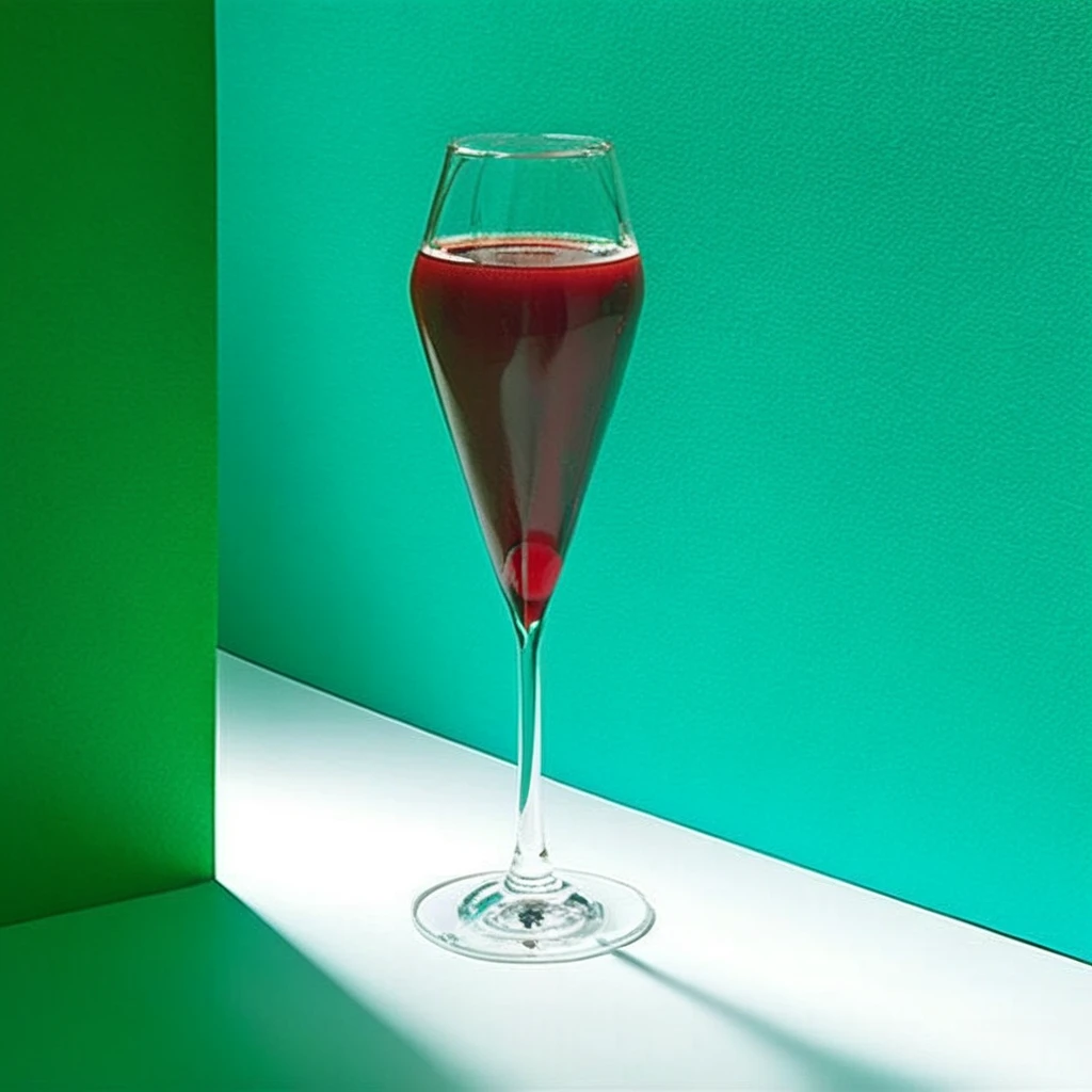 cocktail, flute glass, dark red opaque fluid color, without ice, cherry garnish, garnish in glass, garnish bottom, clear glass, slender glass, stemmed glass, left green background, right teal background, white floor, centered glass, dramatic lighting, shadow play