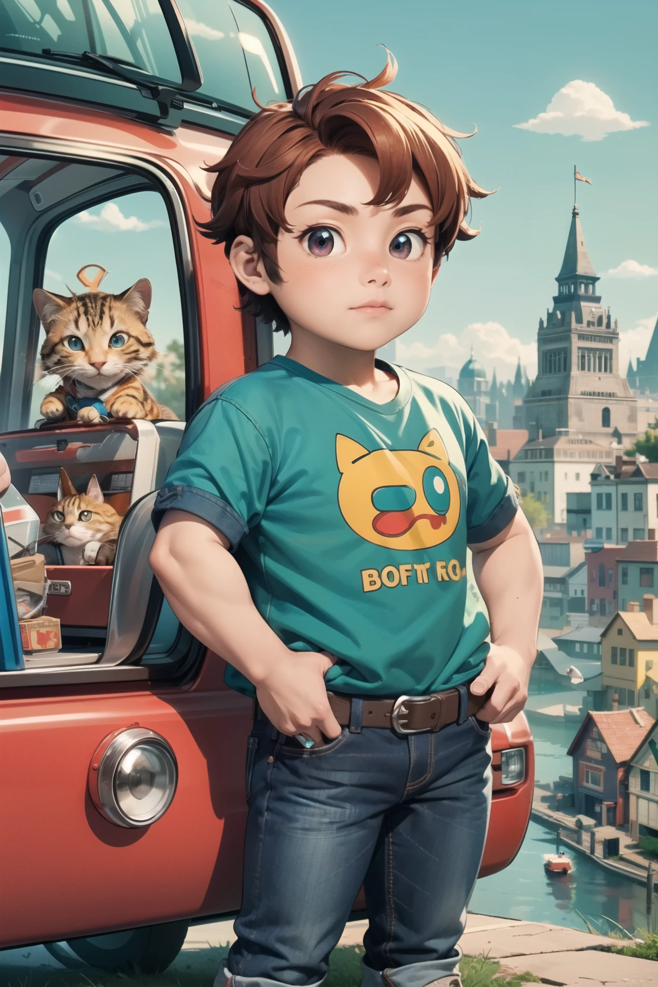 (masterpiece),(best quality),(extremely intricate),(sharp focus),(cinematic lighting),(extremely detailed),3D cartoon man wearing a blue shirt and jeans standing next to a red truck with a cat on the side of it., ambient light, positive emotional, dynamic dramatic composition, cinematic light,pg-13,