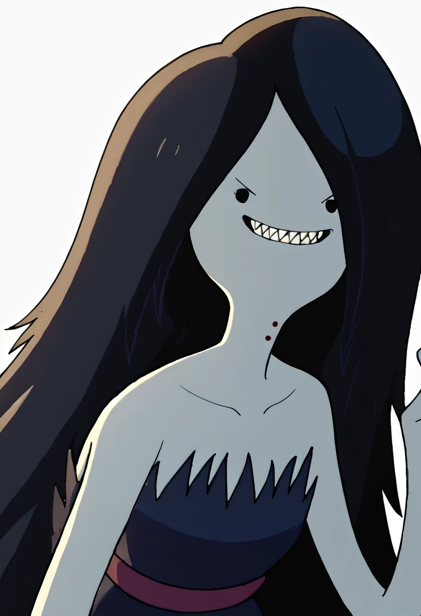 marceline, 1girl, fangs, long hair, black hair, dress, very long hair, , solo, black eyes, bite mark, solid circle eyes,sharp teeth, smile, grey skin, vampire, night,, <lora:MarcelinePony1.1:1>, score_9, score_8_up, score_7_up, score_6_up, score_5_up, score_4_up, looking at viewer,portrait, upper body, face,close up,white background,