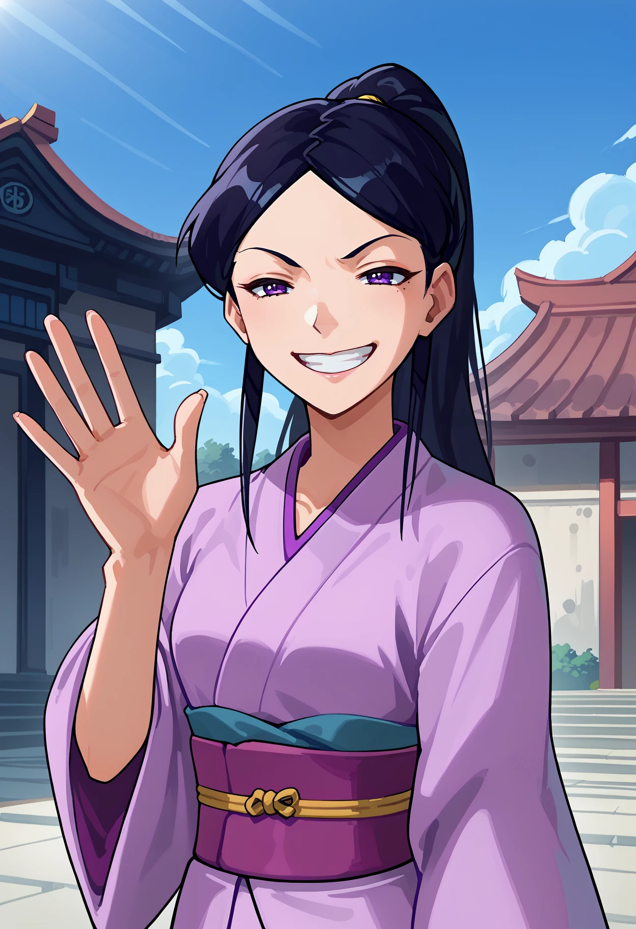 score_9, score_8_up, score_7_up, source_anime, 1girl, solo, mandy \(totally spies\), long hair, black hair, purple eyes, half-closed eyes, eyes, ponytail, kimono, grin, waving, facing viewer, temple, blue sky, (pov:1.2) <lora:hskc-mandy-pony-v0.5-000008:1>