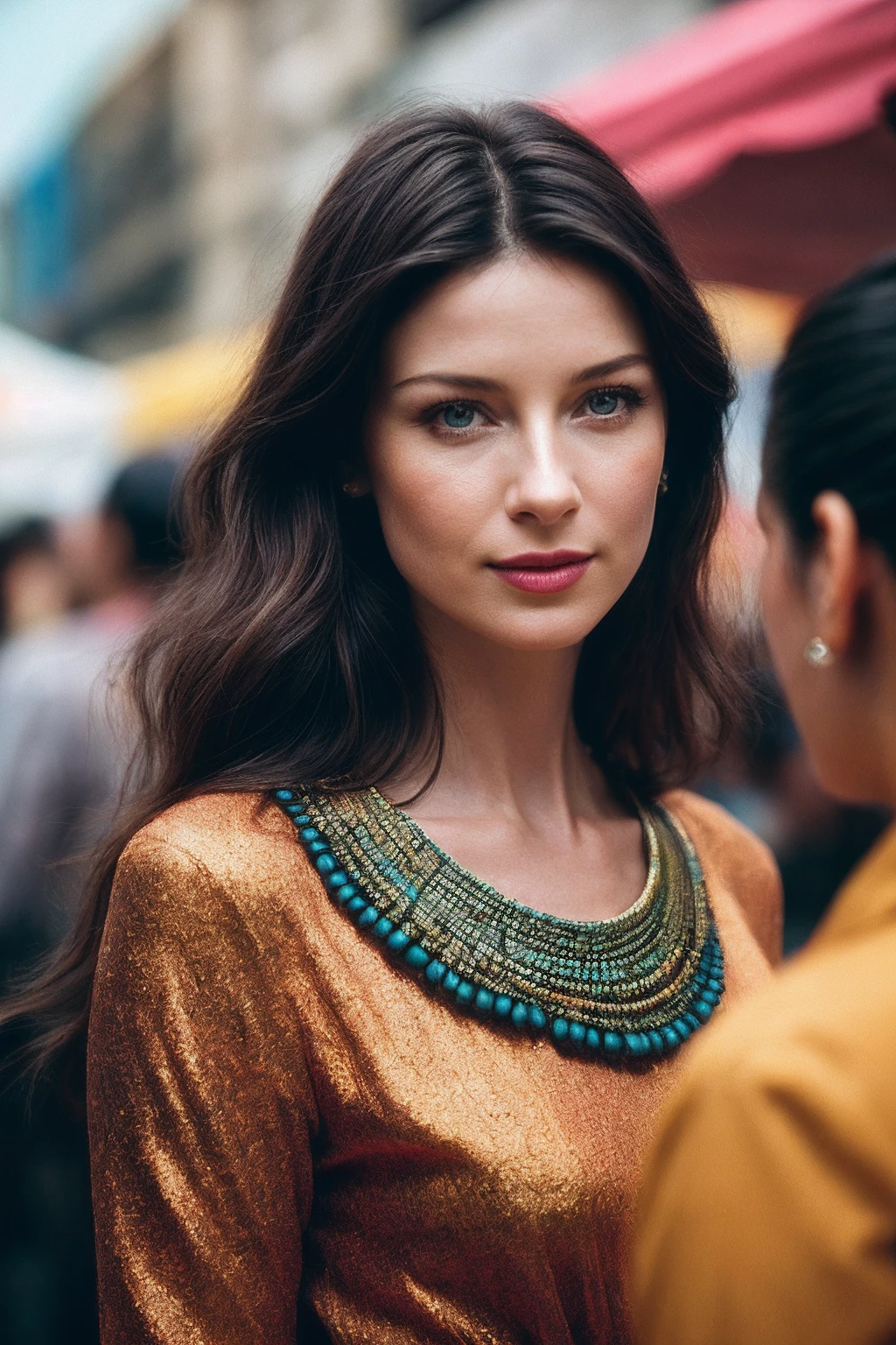 CaitrionaB_SoloTI_v1,
(Mixing and matching bold patterns and textures, with eclectic layers and statement accessories, showcasing a unique personal style)
(Within a vibrant street market, with stalls overflowing with colorful wares and the scent of exotic spices wafting through the air, where every corner holds a new discovery:1.3),
(seductive:1.3),(analog, cinematic, film grain, hazy atmosphere, cinematic shot:1.3),
<lora:add_detail:0.8>, PA7_Portrait-MCU,