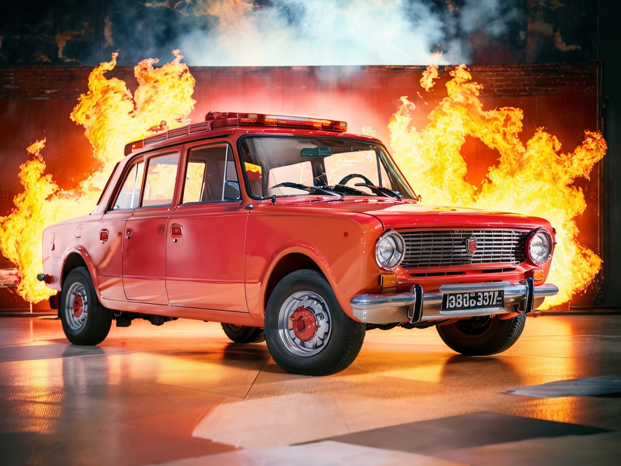 <lora:russiancar:1>photo of a lada as a fire truck, 4k, raw, masterpiece