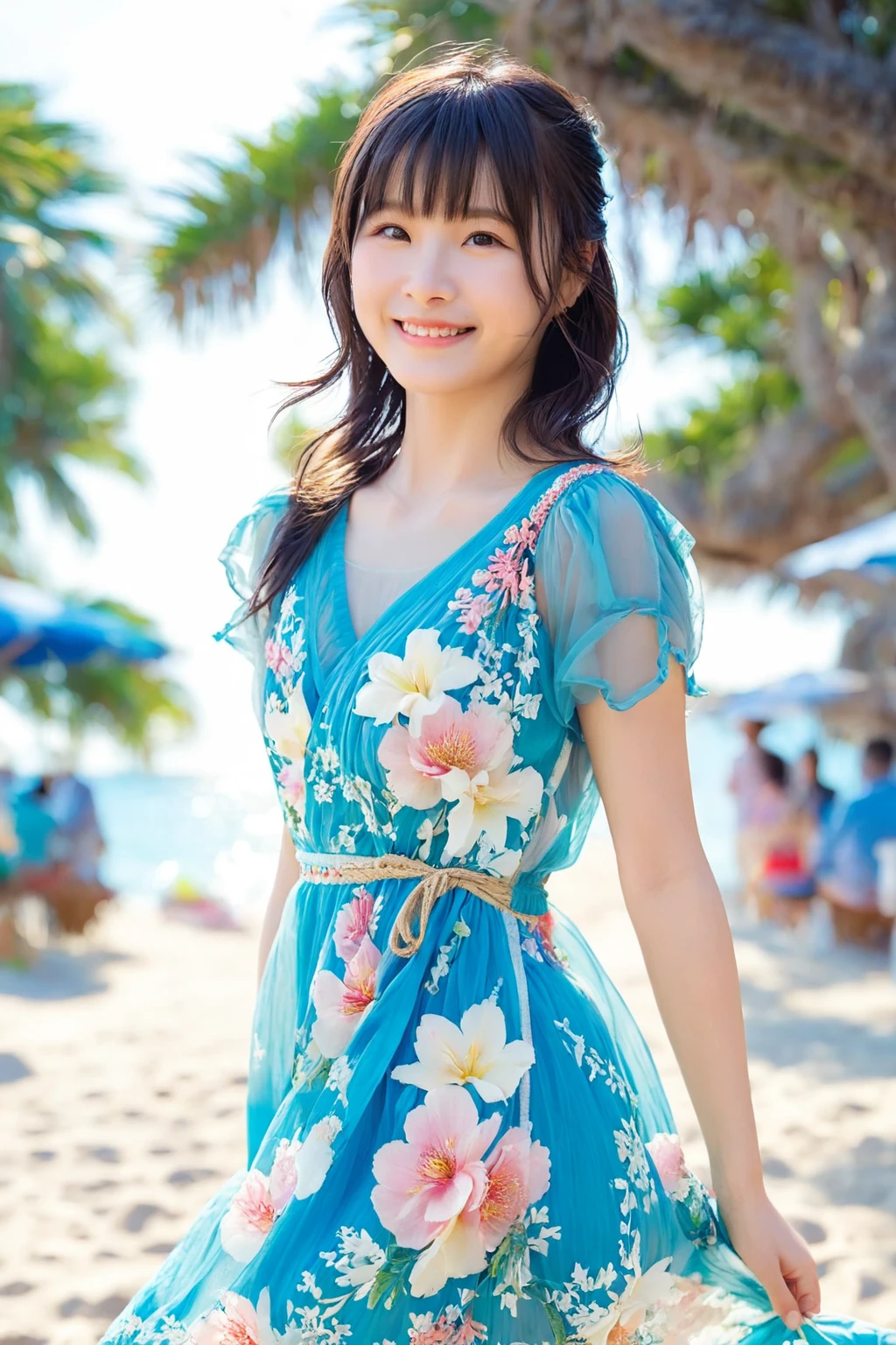1girl, (masterpiece,RAW photo, best quality:1.4), (realistic, photo-realistic:1.2), an extremely delicate and beautiful, extremely detailed, 2k wallpaper, Amazing, finely detail, extremely detailed CG unity 8k wallpaper, ultra-detailed, highres, soft light, beautiful detailed girl, extremely detailed eyes and face, beautiful detailed nose, beautiful detailed eyes,soft lighting,perfect anatomy, beautiful face,,shiny skin,detailed skin,young Japanese idol,
smile,looking at viewer,(sheer summer dress:1.5), (bokeh:1.2),(walking at beach:1.2),
 <lora:sagaramayu_lora-xl_01:1>