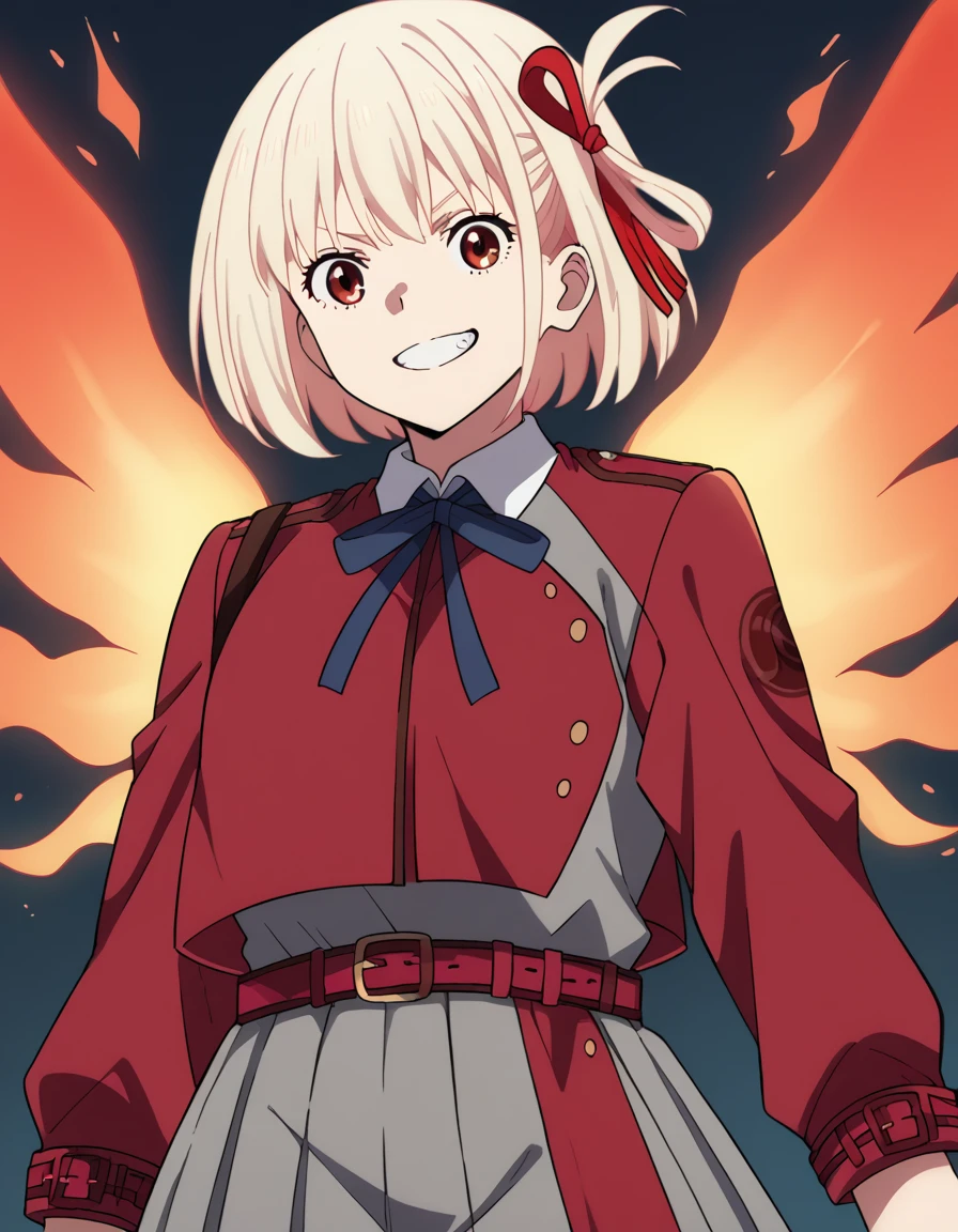 score_9, score_8_up, score_7_up, source_anime,
chisatonishikigi, <lora:chisato-nishikigi-s1-ponyxl-lora-nochekaiser:1>,
chisato nishikigi, short hair, bangs, red eyes, hair ribbon, one side up, bob cut, blonde hair,
shirt, long sleeves, dress, ribbon, white shirt, collared shirt, belt, neck ribbon, red dress, blue ribbon, pleated dress, grey dress, two-tone dress, red belt, lycoris uniform,
grin, <lora:fiery-wings-ponyxl-lora-nochekaiser:1>, fiery wings,
looking at viewer, cowboy shot, dutch angle, solo,