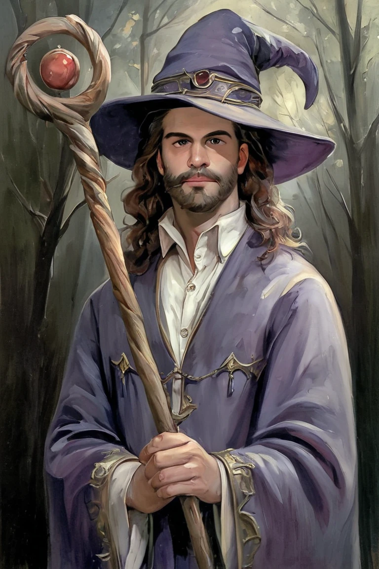 score_9, score_8_up, score_7_up, rating_safe, painterly, faux traditional media, realistic, 1boy, solo, male focus, mature male, wizard, long hair, brown hair, black eyes, looking at viewer, hat, facial hair, beard, mustache, staff, wizard hat, purple hat, shirt, collared shirt, robe, purple robe, cloak, holding, holding staff, upper body, standing, outdoors, forest, nature, tree, fog, dark background <lora:Faux Oil Painting Soft Style LoRA_Pony XL v6:0.7>