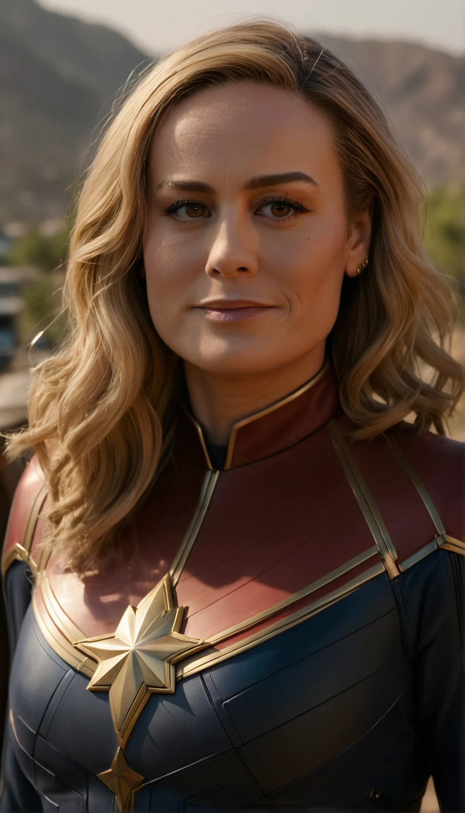 a beautiful picture of brieXL,blonde,mature woman,detailed skin texture,masterpiece, photorealistic, light, RAW color photo,(fully in frame:1.1), (blush:0.5), (goosebumps:0.5), (smiling:0.5),wearing a captain marvel outfit,detailed face,outdoors, <lora:brieXL:1>