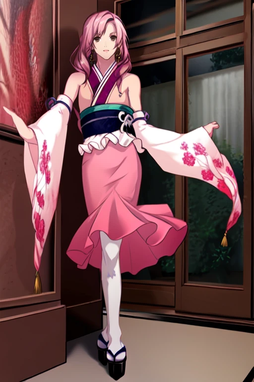 (masterpiece),(best_quality),1boy,Ashuku,print legwear,print kimono,detached sleeves,ribbon-trimmed sleeves,frilled pink skirt,<lora:Ashuku:1>,