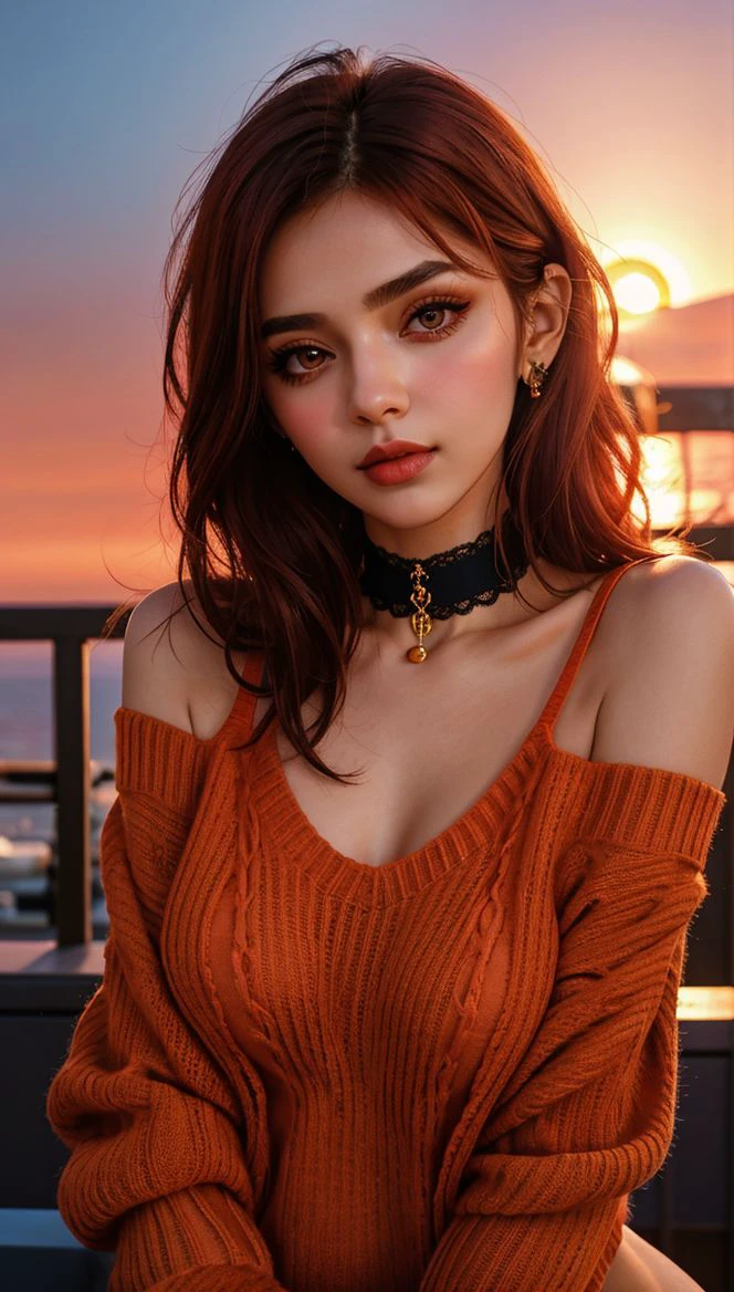 1 young cute iranian girl, very slim, skinny, redhead, rouge, red neck lace choker, cateyes makeup, colorful, oversize knit jumper, softcore, warm lighting, cosy atmosphere, Instagram style, red theme, upper body shot,(cinematic, black and red:0.85), (sunset beautiful background:1.3), sharp, dim colors