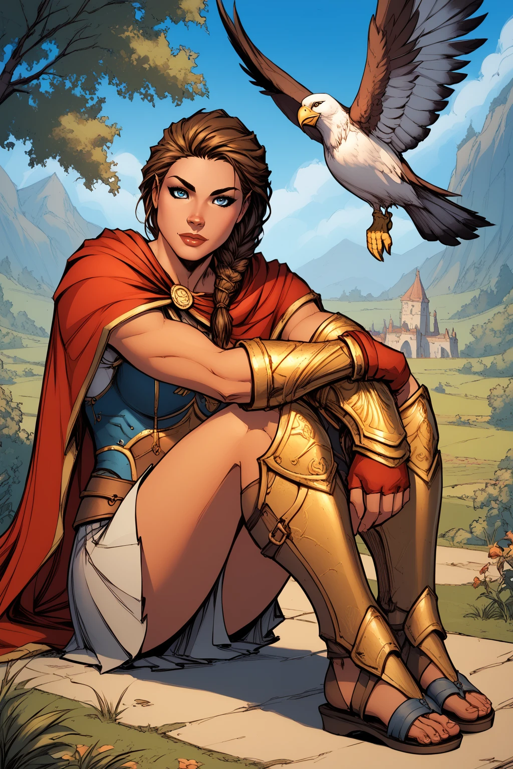 score_9, score_8_up, score_7_up, masterpiece, high quality, BREAK
<lora:KassandraPonyLoRA:0.8>kssndra, braid, long hair, hair over shoulder, capelet, breastplate, asymetrical bracer, fingerless gloves, belt, skirt, greaves, sandals, eagle sitting on arm
<lora:Michael TurnerStylePonyLyco:1> mtms