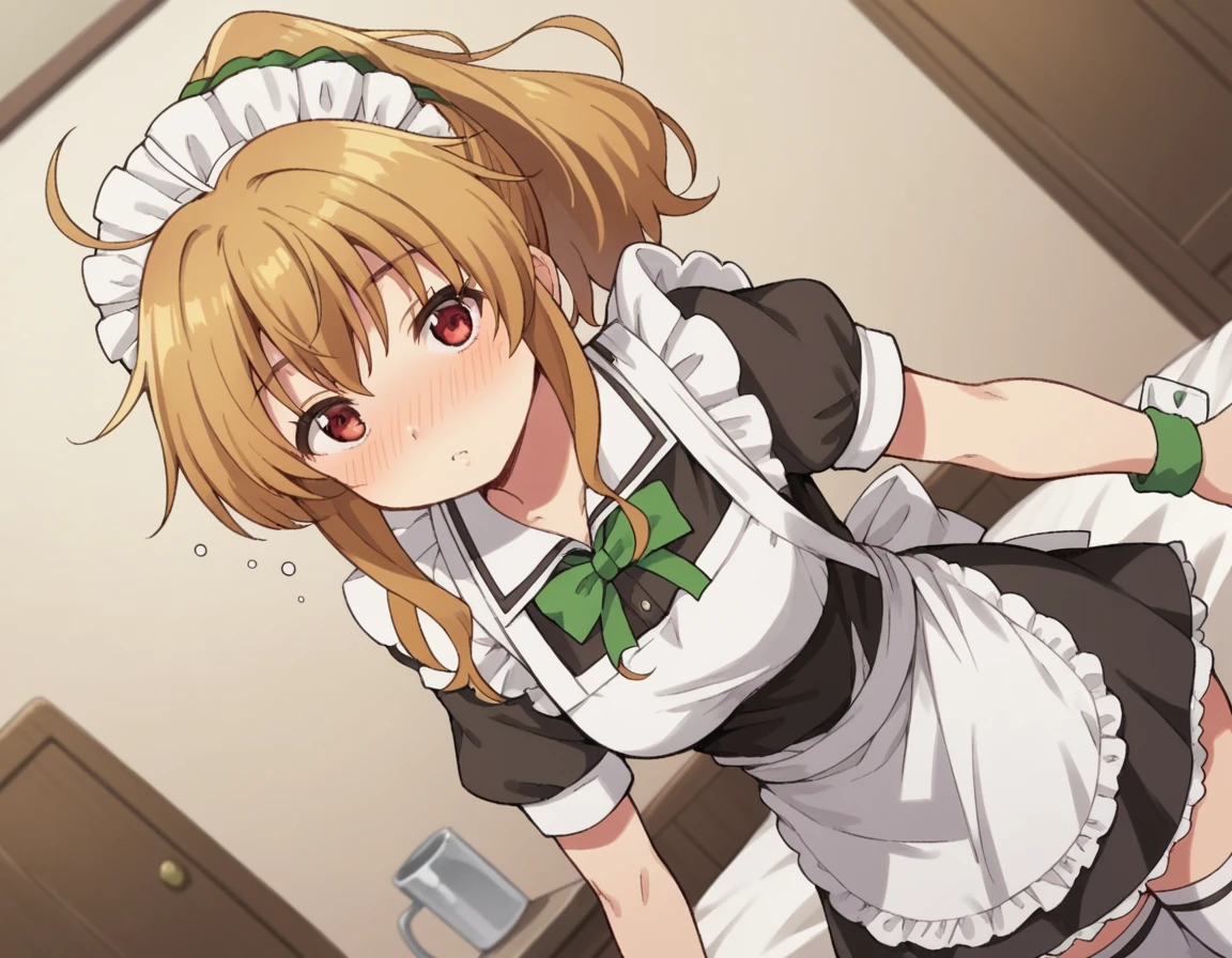 score_9, score_8_up, score_7_up, source_anime,
nanakokogure, <lora:nanako-kogure-s1-ponyxl-lora-nochekaiser:1>,
nanako kogure, long hair, brown hair, red eyes, ponytail, ahoge, scrunchie, green scrunchie,
thighhighs, short sleeves, apron, white thighhighs, wrist cuffs, maid, maid headdress, maid apron, bow, green bow,
indoors, bed, bed room, on side, blush, drunk,
looking at viewer, cowboy shot, solo, dutch angle,