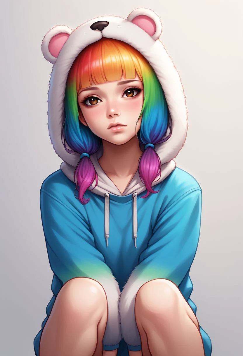 prideb4fall, 1girl, solo, hood, multicolored hair, looking at viewer, rainbow hair, sitting, realistic, blunt bangs, lips, hugging own legs, simple background, hoodie, knees up, long sleeves, gradient hair, hood up, closed mouth, animal hood, animal ears, brown eyes, made of rainbows, rainbow overlay, pride month, rainbows
 zPDXL2