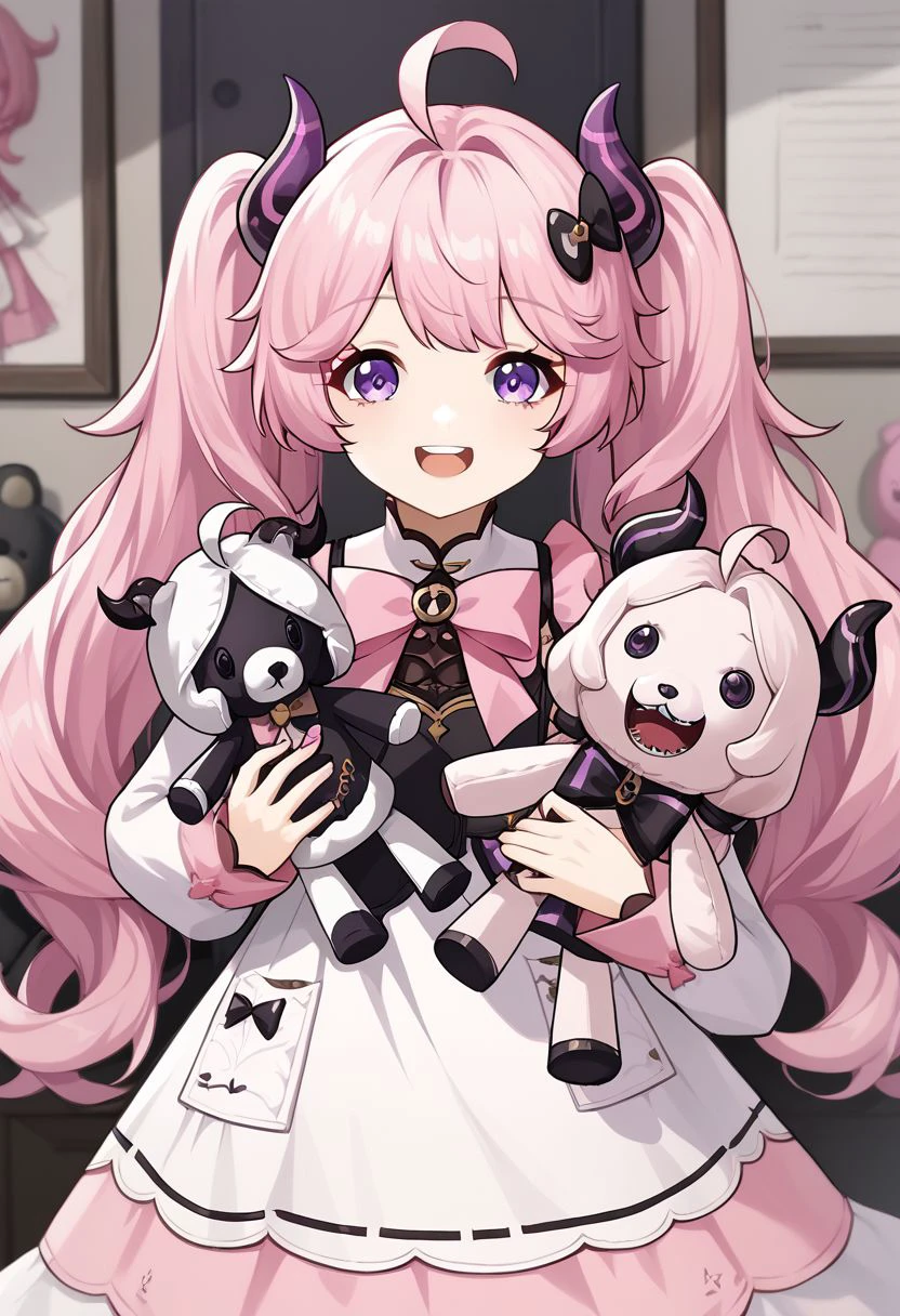 wuthering waves style, 1girl, pink hair, purple eyes, stuffed toy, long hair, open mouth, looking at viewer, ahoge, smile, holding, horns, stuffed animal, twintails, bow, hair ornament, solo, teeth, dress
 zPDXL2