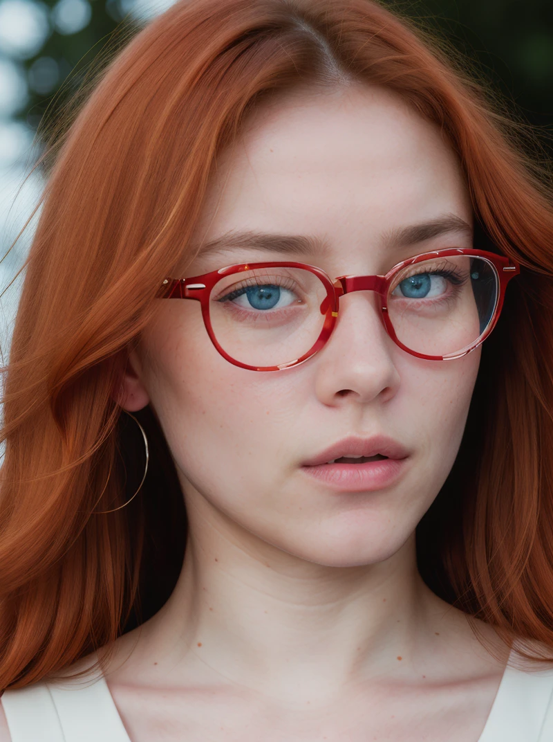 redhead woman with tied hair, white, blue eyes and round glasses  