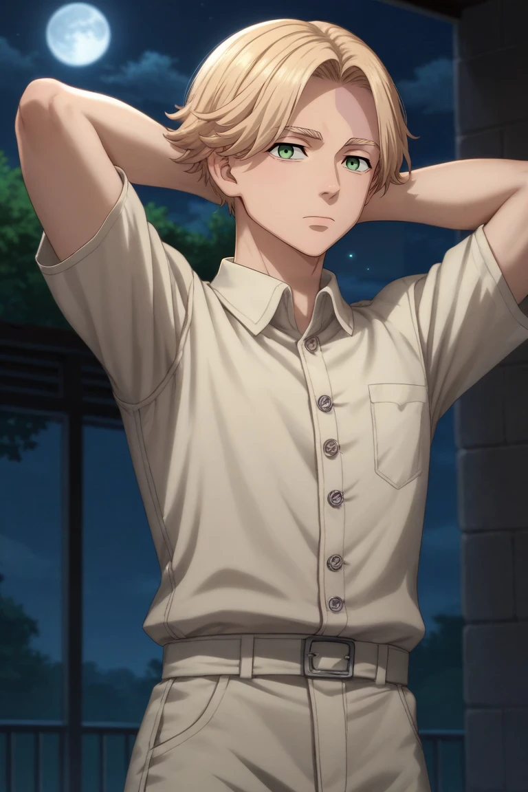 score_9, score_8_up, score_7_up, source_anime, rating_safe, , (realistic:0.6), looking at viewer, depth of field, 1boy, solo, male focus, <lora:seishuu_inui_pony:0.84>, seishuu_inui, blonde hair, green eyes, short hair, bangs, wide angle, wide shot, full body, great wall of china, night, full moon, arms behind head, sad, , <lora:sdxl_lightning_8step_lora:1>