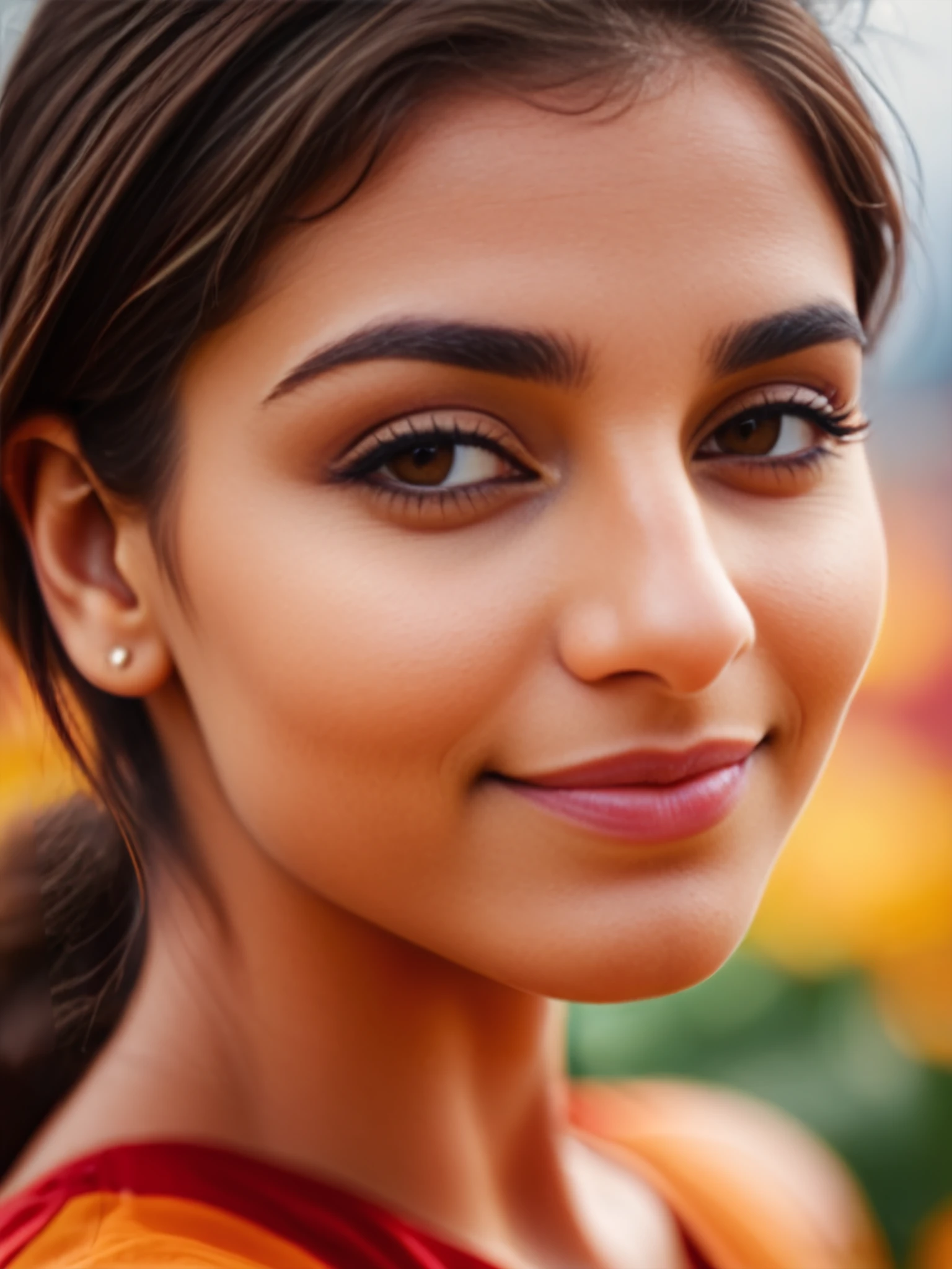 color-graded close up photo of 25yo woman, desi:0.8, smiling, turning away from camera, one eye closed, clouds of colored spice in front of her face, analog, fuji XT3, shallow depth of field, background bokeh,