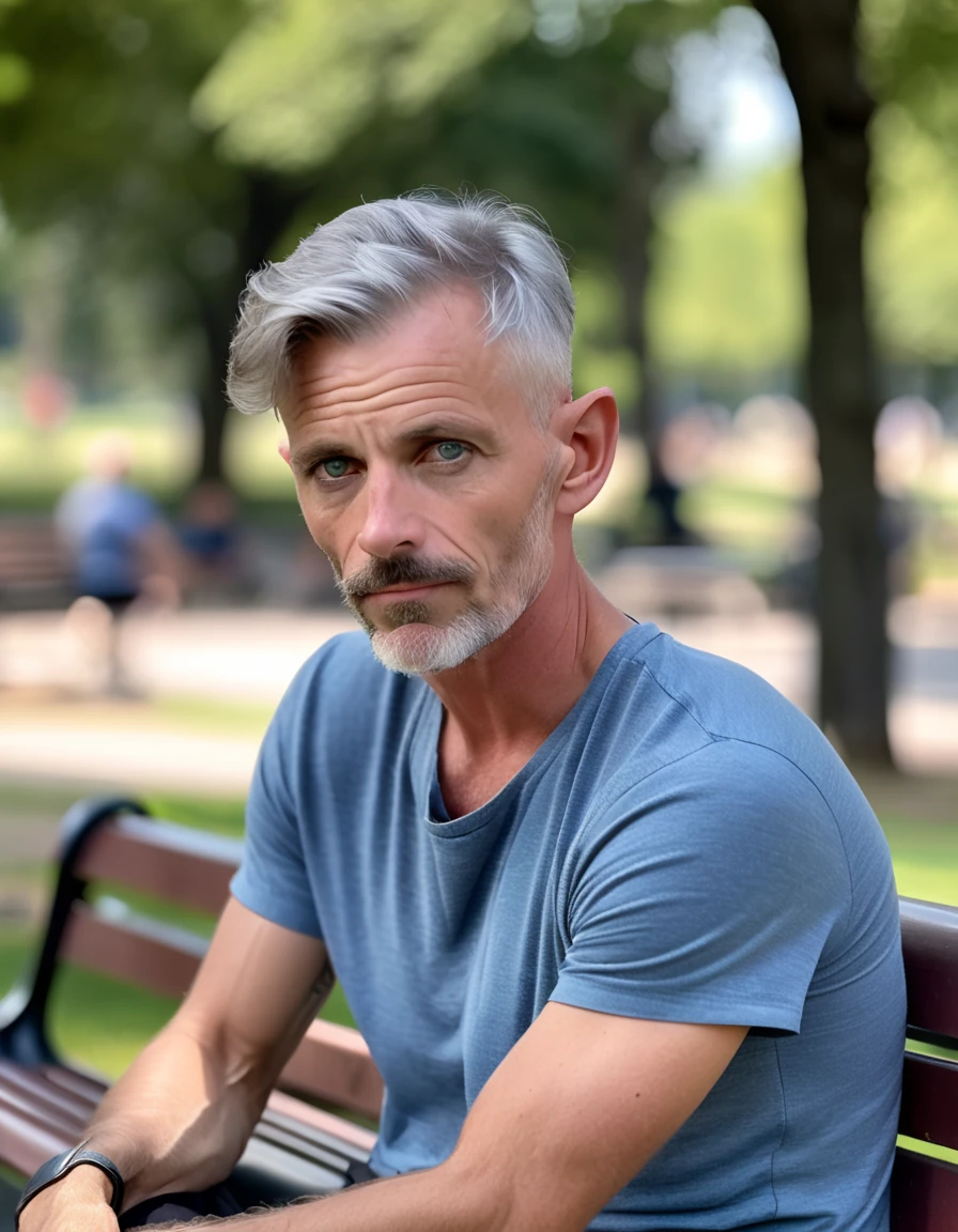 CptRayner, Rayner, male focus, gray eyes, pointy ears, gray thin beard, short gray hair, undercut, upper body, looking to viewer, blue shirt, sitting in a park on a bench, 8k photography, sony alpha a 1 close up, shot