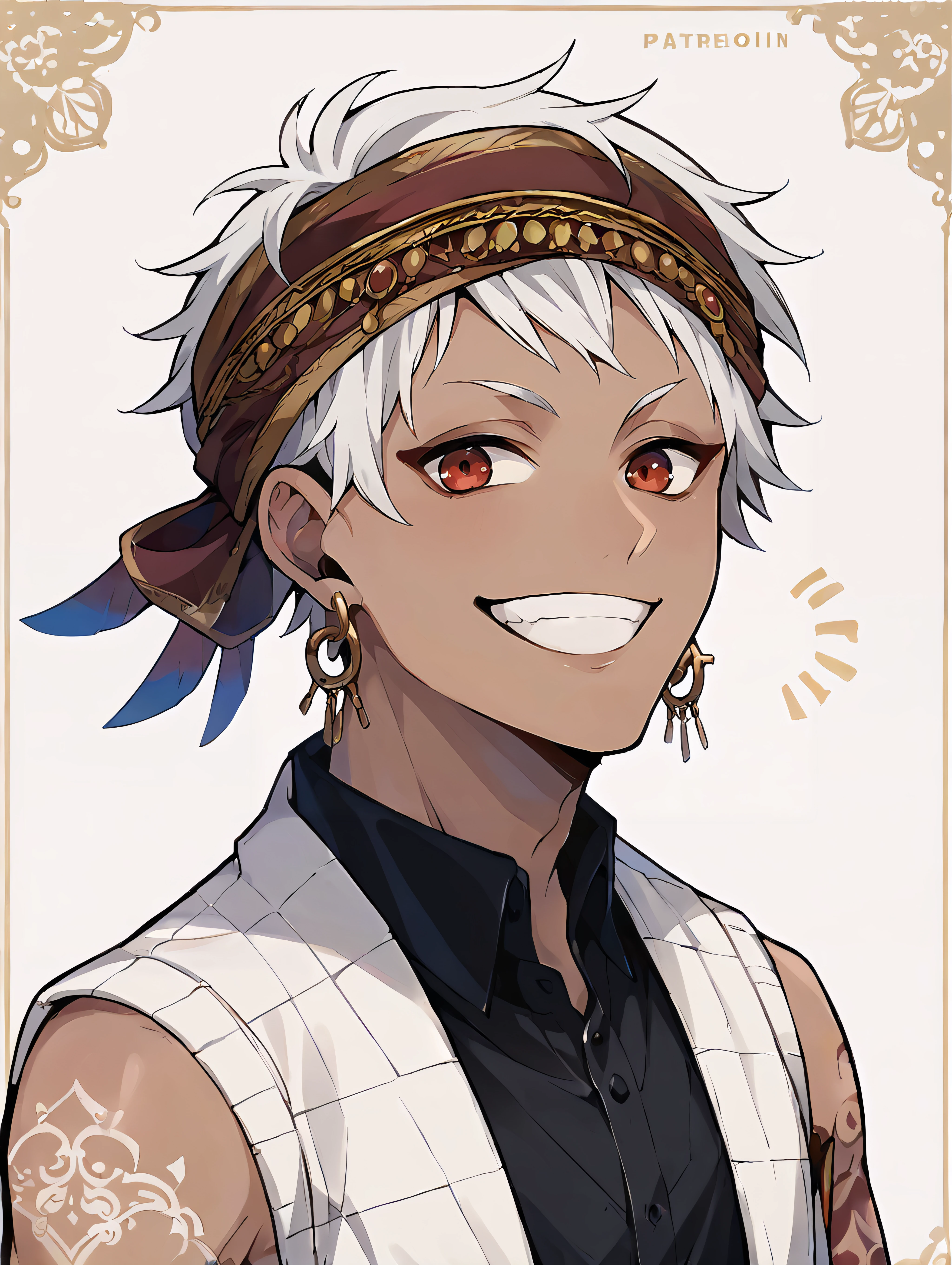 score_9, score_8_up, score_7_up, score_6_up, score_5_up, score_4_up, rating_explicit, BREAK kalimalasim, 1boy, slim, dark skin, arm tattoo, red eyes, white hair, headband, short hair, jewelry, earrings, <lora:KalimAlAsim_PDXL:1>, shirt, smile