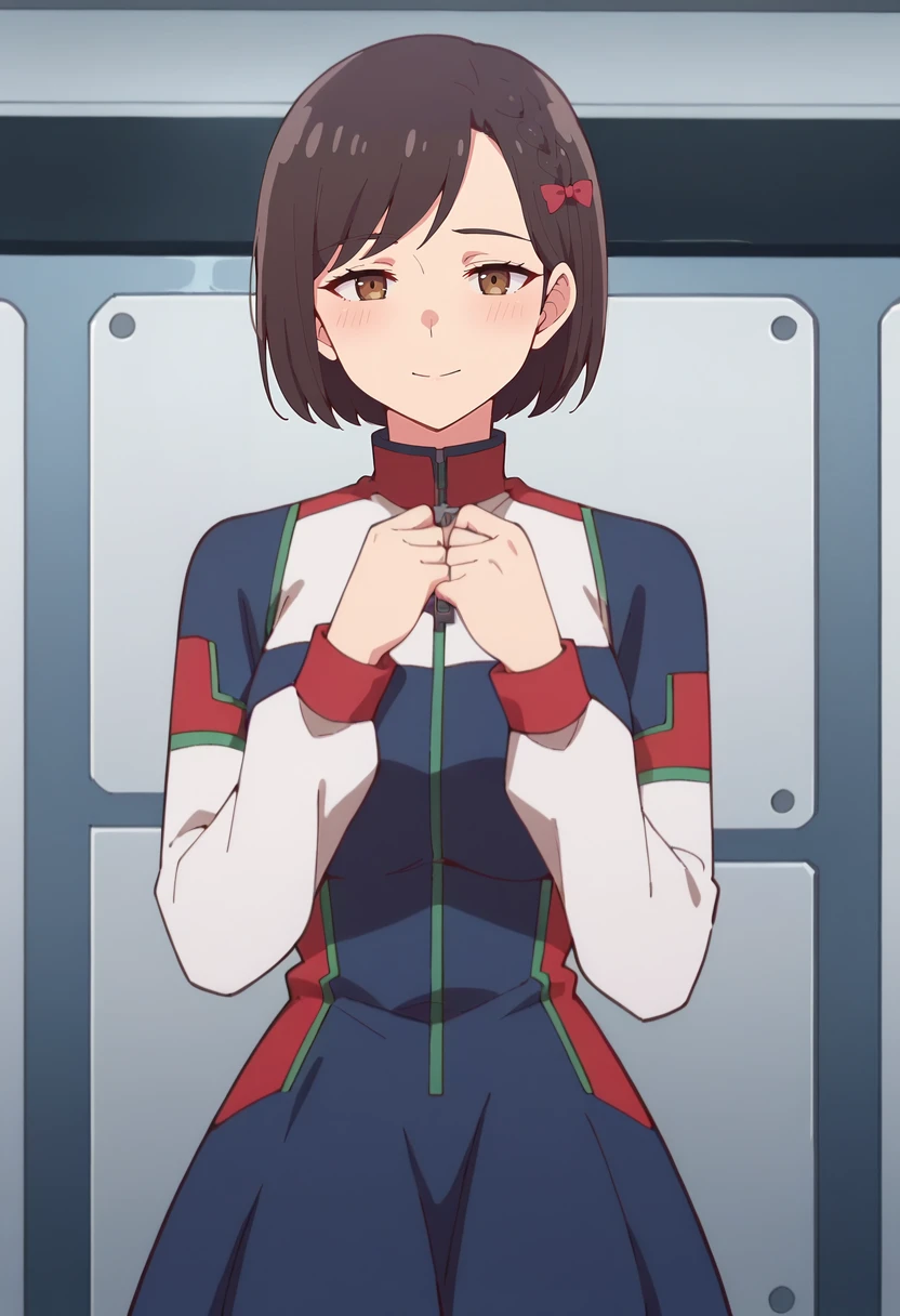 score_9, score_8_up, score_7_up,
<lora:KanataNoAstra_YunhuaLuXL:0.8>, YunhuaLu,
1girl, solo, closed mouth, light smile, light blush,
brown hair, brown eyes, short hair, red bow, hair behind ear,
YunhaDress, multicolored dress, blue dress, white dress, short dress, long sleeves, zipper,
standing, looking at the viewer,
science fiction, indoors, spacecraft interior