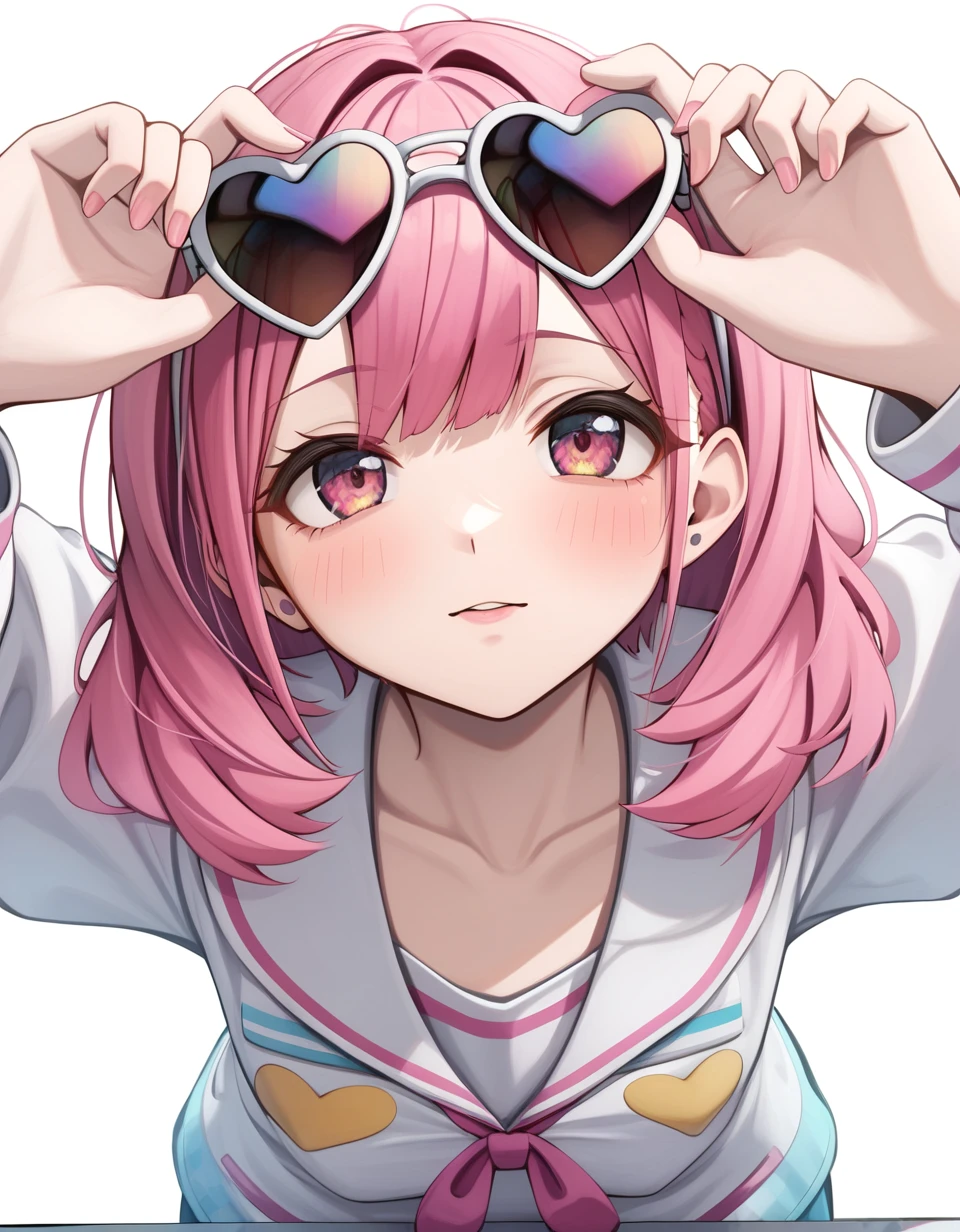 1 girl , (( solo )) , upper body, leaning forward, looking at viewer , look up, arms up, <hatosangu_sdxl_0001:0.7>, hatosangu, heart sunglasses, sunglasses on head, green rim sunglasses, part pink hair, medium hair, ultra-detailed, 4k, white background , good hand , perfect hands,