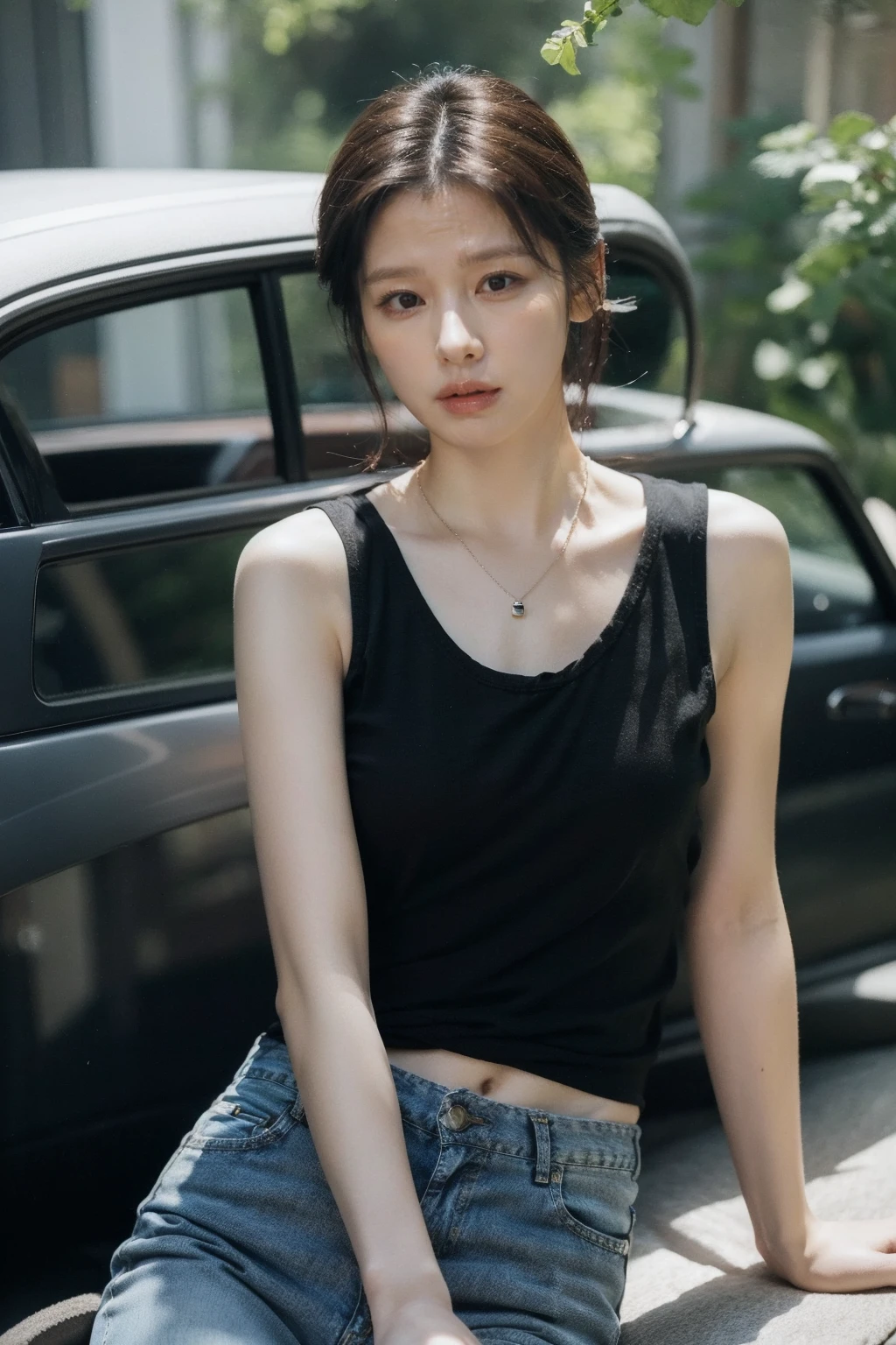(realistic), (hyperrealism),best quality, masterpiece,ultra high res, (photorealistic:1.4),1girl,(looking at viewer:1.2),1girl, solo, realistic, looking at viewer, parted lips, short jeans, tanktop, necklace,
, <lora:makina69_vivianhsu_v1.0:1>
