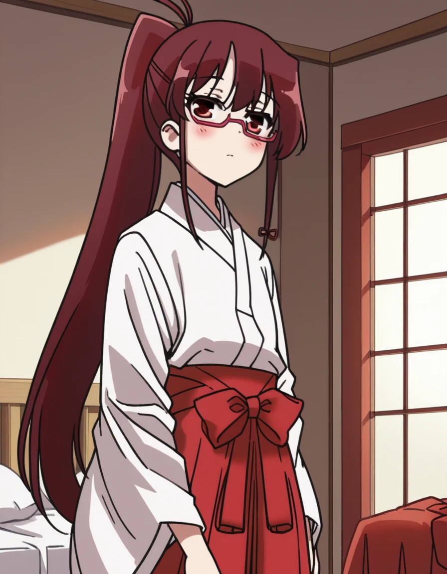 score_9, score_8_up, score_7_up, source_anime,
tomoekarijuku, <lora:tomoe-karijuku-s2-ponyxl-lora-nochekaiser:1>,
tomoe karijuku, long hair, red eyes, ponytail, red hair, glasses, semi-rimless eyewear, red-framed eyewear, under-rim eyewear,
skirt, japanese clothes, glasses, hakama, hakama skirt, semi-rimless eyewear, red-framed eyewear, under-rim eyewear, miko, red hakama,
indoors, bed, bed room, on side, blush, drunk,
looking at viewer, cowboy shot, dutch angle, solo,