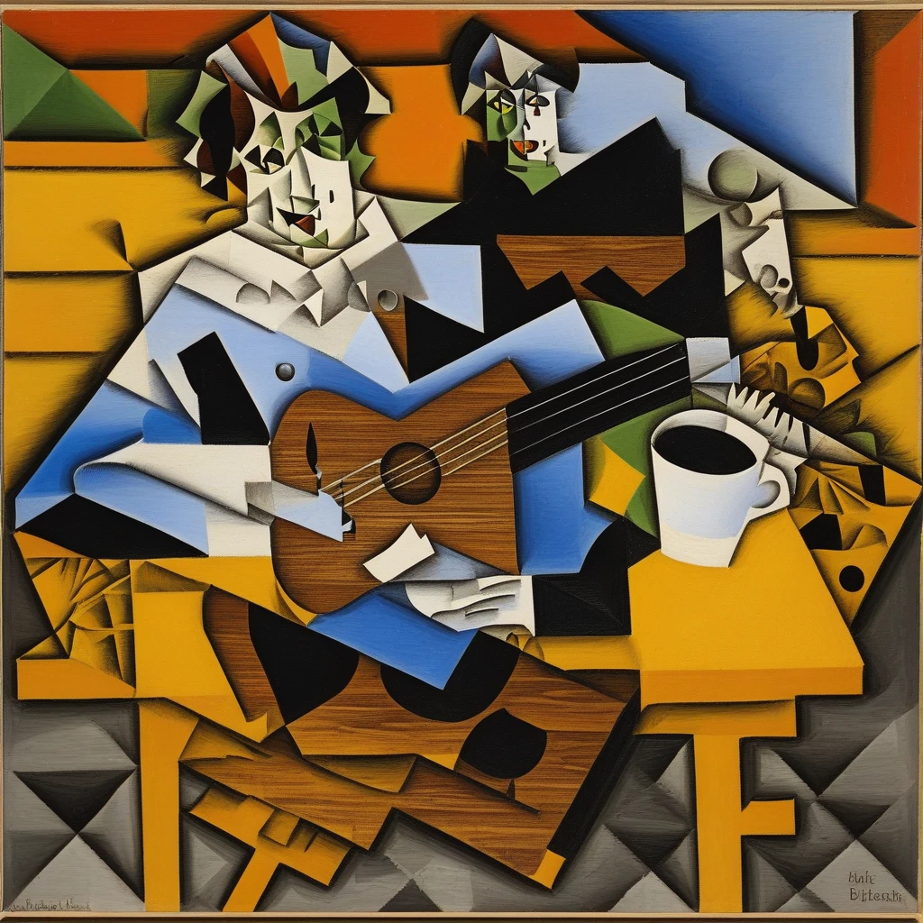 turning a musical instrument into a visual riff. It's as if Picasso met Santana in the world of Cubist rock 'n' roll. The guitar is not just an object; it is a melody frozen in time. The play of lights and shadows on the strings of the guitar, the folds, " Gris takes us to a cafe where Cubism meets caffeine. It's like entering a modern place from 1914. The man in the cafe is not only drinking coffee; it is part of a Cubist conversation. Coffee becomes a stage where Cubism and everyday life collide. It's not just a still life; it's a snapshot of Cubist freshness.