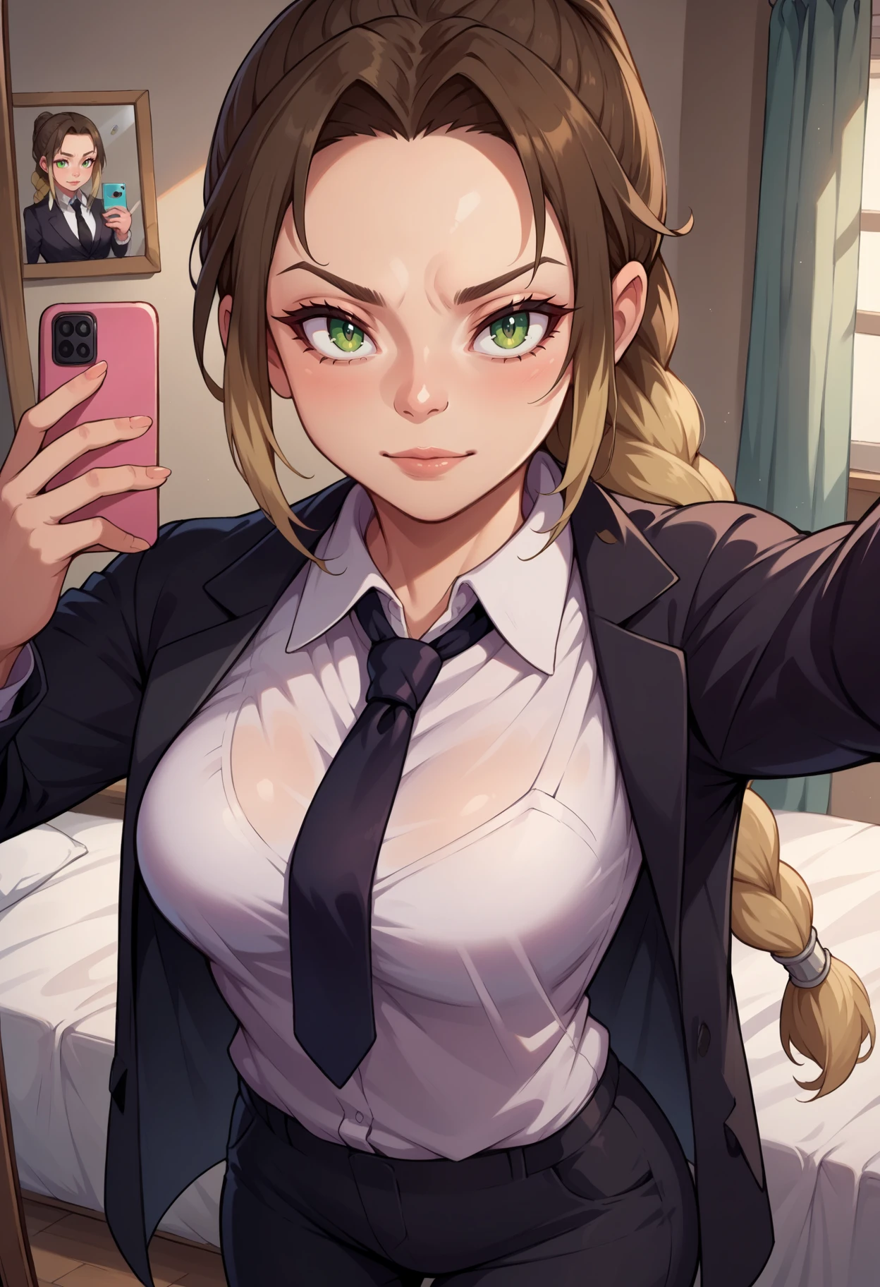 score_9, score_8_up,score_7_up, source_anime,1girl, solo, <lora:EPmhsKayna-06:1>, EPmhsKayna, green eyes, multicolored hair, brown hair, blonde hair, sidelocks, braided ponytail, long hair, business suit, black pants, white collared shirt, black suit, black jacket, black necktie, selfie, taking picture, mirror selfie, bedroom, bed, mirror,