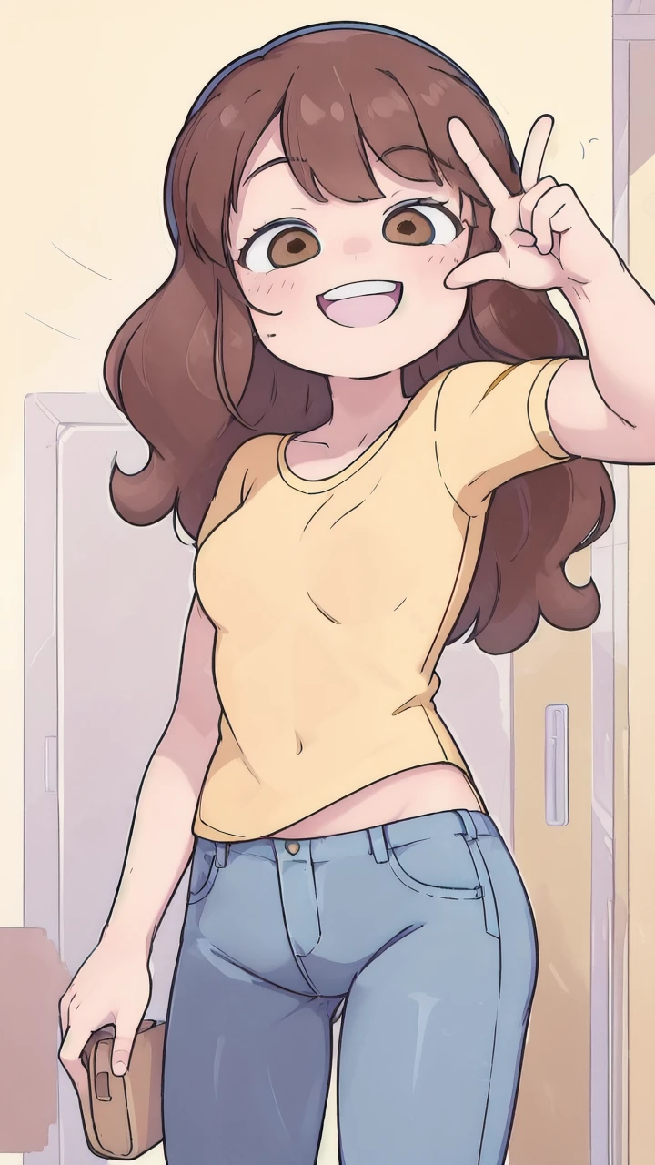 masterpiece, best quality, ultra detailed, <lora:Lelay:1>, brown hair, brown eyes, yellow shirt, jeans, blue pants, smile, v-sign, one_closed_eye, closing_one_eye