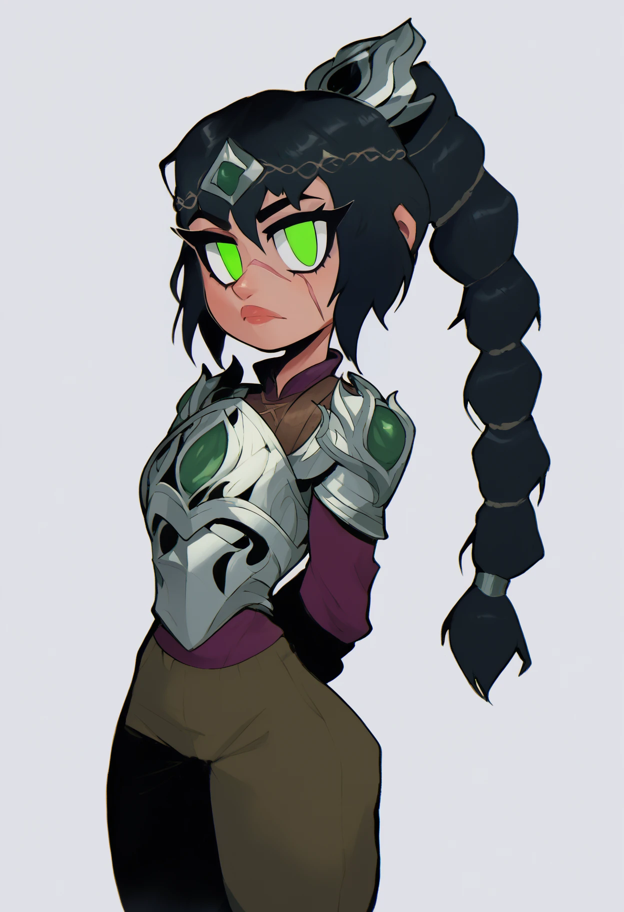 score_9, score_8_up, 1girl, solo, shadowheart, black hair, braided ponytail, no pupils, green eyes, scar on face, circlet, looking at viewer, armor, pants,
arms behind back, standing, looking at viewer, white background <lora:ShadowHeartXL:0.8>   <lora:ThiccverseXLLocon:1>