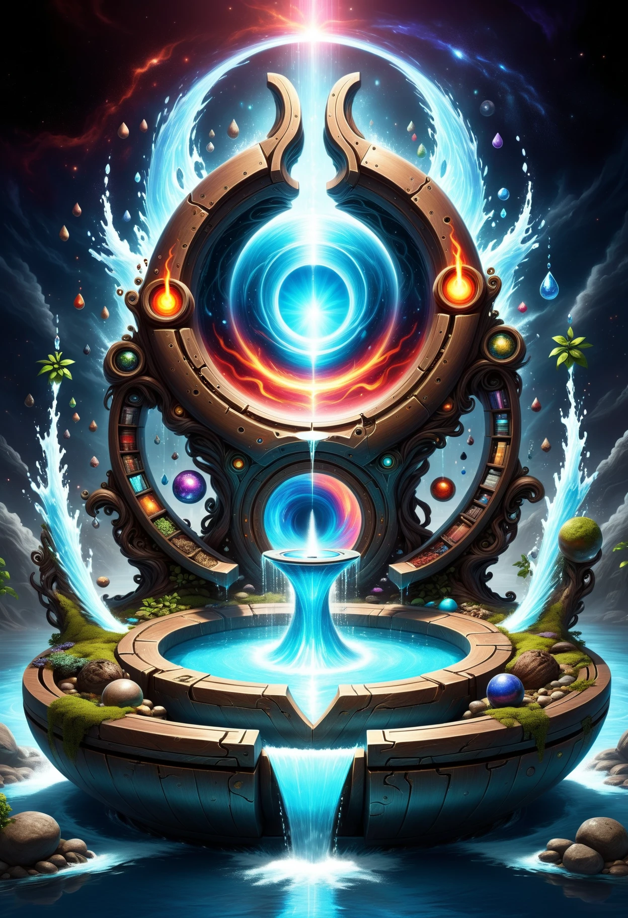 DonMM4573r0f3l3XL, hum of spatial bending teleportation chamber, teleport docks, portal keys,spatial coordinates, wormhole expanders,spatial compressors,portal calibrators, , , , water fountains,pendulums,magical ingredients (such as herbs, powders, and potions), <lora:DonMM4573r0f3l3XL:1>