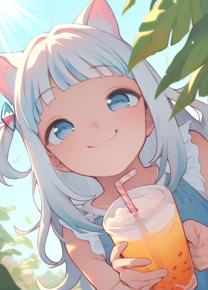 score_9, score_8_up, score_7_up,score_6_up, 1girl holding a holding drink, smile, dutch angle, pitvinm, summer, sunlight, cat ears, cheek bulge, clenched hand,
<lora:fishinlol_style_pony6_v3-000038:1>