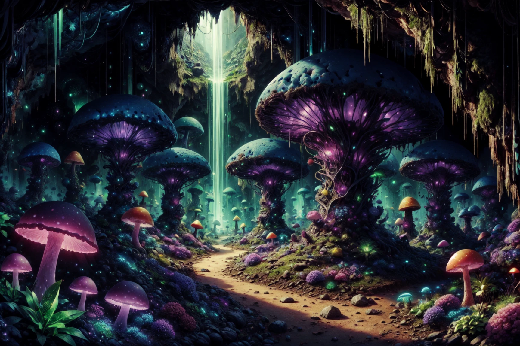 masterpiece, best quality, absuredres, <lora:NeoFalmerWorld1.0:1> neofalmerworld, scifi, underground cavern with giant purple glowing mushrooms with tendrils and colorful plants, purple glow <lora:add_detail:0.4>