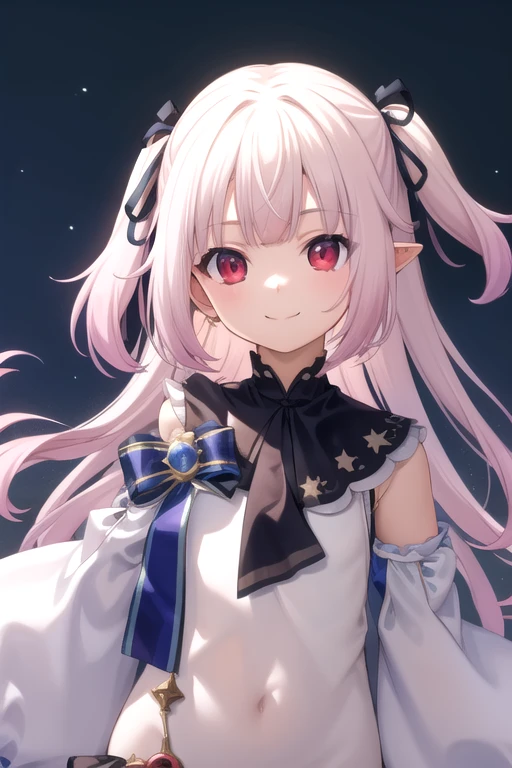 ((masterpiece)),(best quality),official art,extremely delicate and beautiful,extremely detailed CG,unity 8k wallpaper,ultra detailed,beautiful detailed eyes,extremely detailed face,outdoors,1girl,solo,upper body,(portrait:1.5),looking at viewer,facing viewer,smile,(petite:1.2),virtual youtuber,Mashiro Kanon,ahoge,very long hair,pink hair,two side up,gradient hair,multicolored hair,floating hair,hair ribbon,black ribbon,hair ornament,two side up,pointy ears,bangs,red eyes,white dress,frilled dress,detached sleeves,puffy long sleeves,sleeves past wrists,uneven legwear,single thighhigh,argyle,star (symbol),asymmetrical legwear,mismatched legwear,black footwear,<lora:Mashiro Kanon(vtb)>,